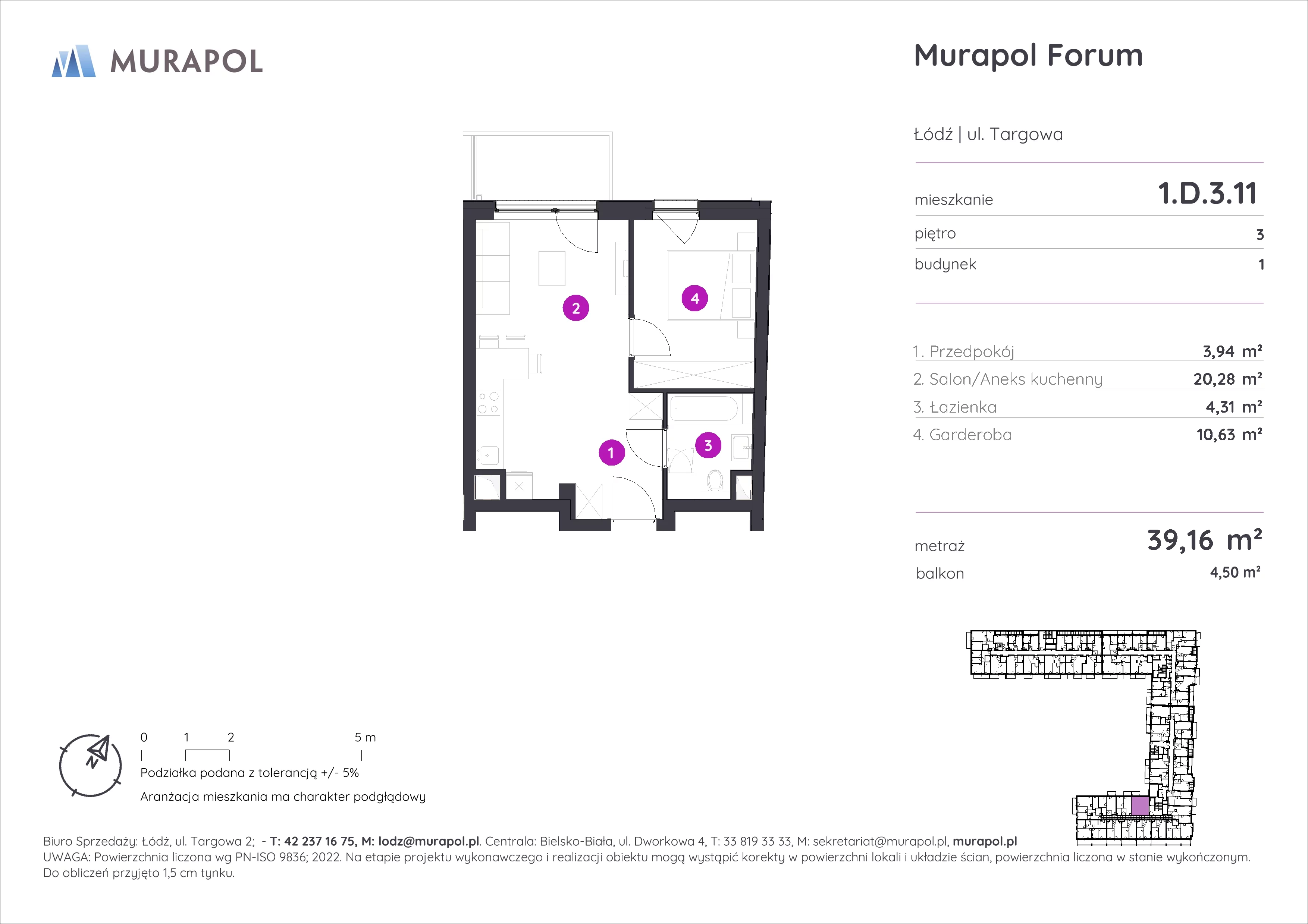 1 pokój, mieszkanie 39,16 m², piętro 3, oferta nr 1.D.3.11, Murapol Forum, Łódź, Śródmieście, ul. Targowa