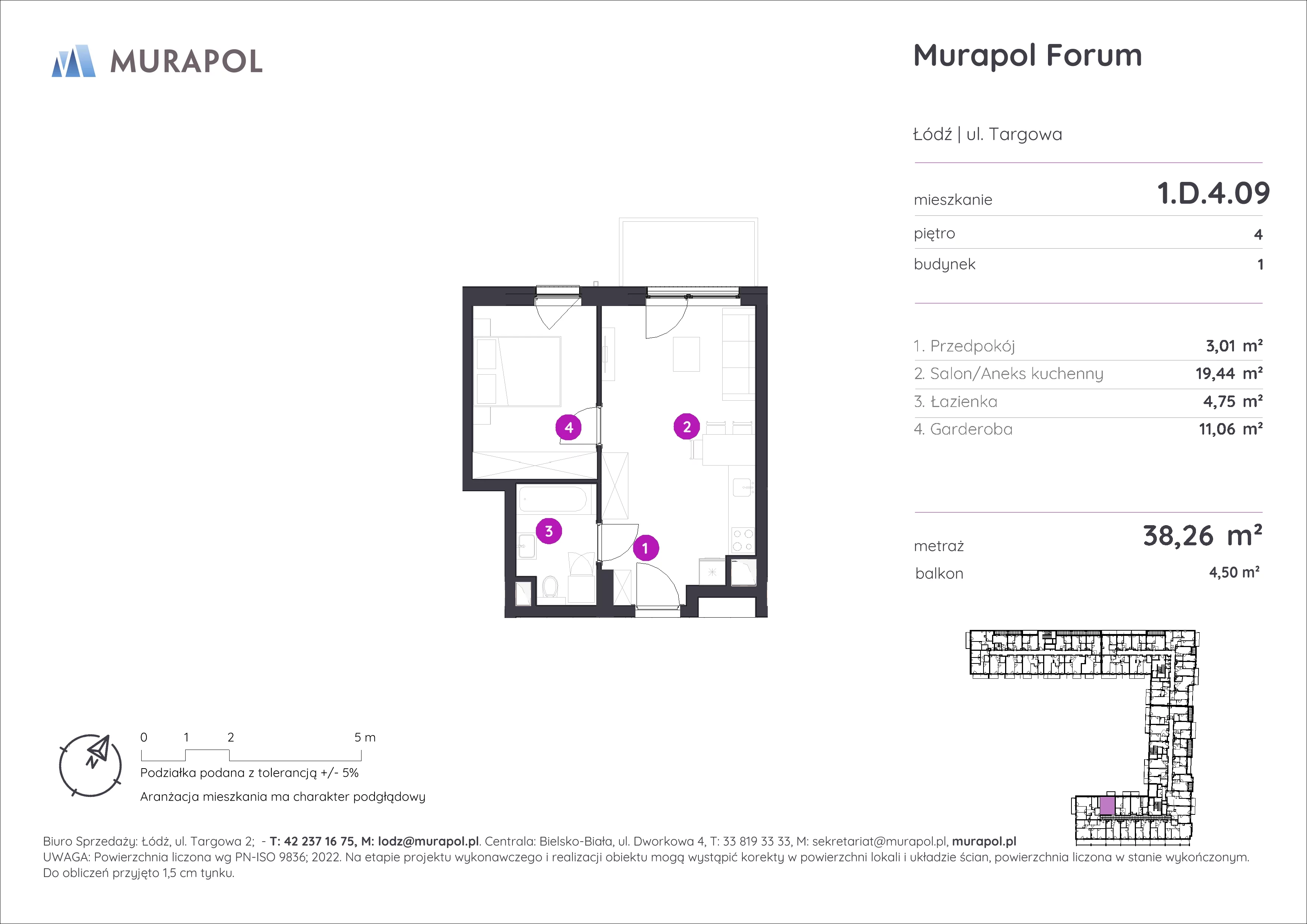 1 pokój, mieszkanie 38,26 m², piętro 4, oferta nr 1.D.4.09, Murapol Forum, Łódź, Śródmieście, ul. Targowa