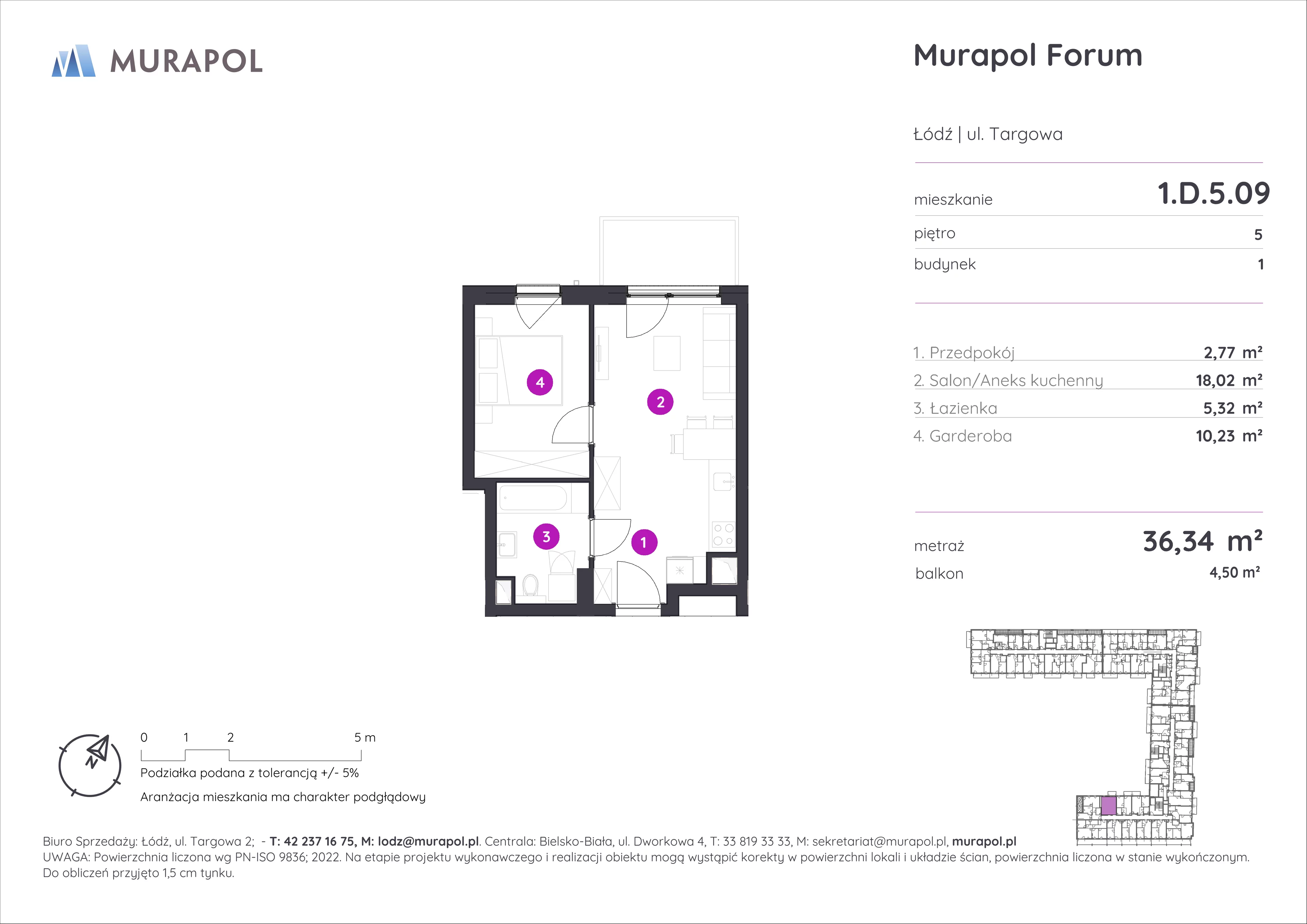 Mieszkanie 36,34 m², piętro 5, oferta nr 1.D.5.09, Murapol Forum, Łódź, Śródmieście, ul. Targowa