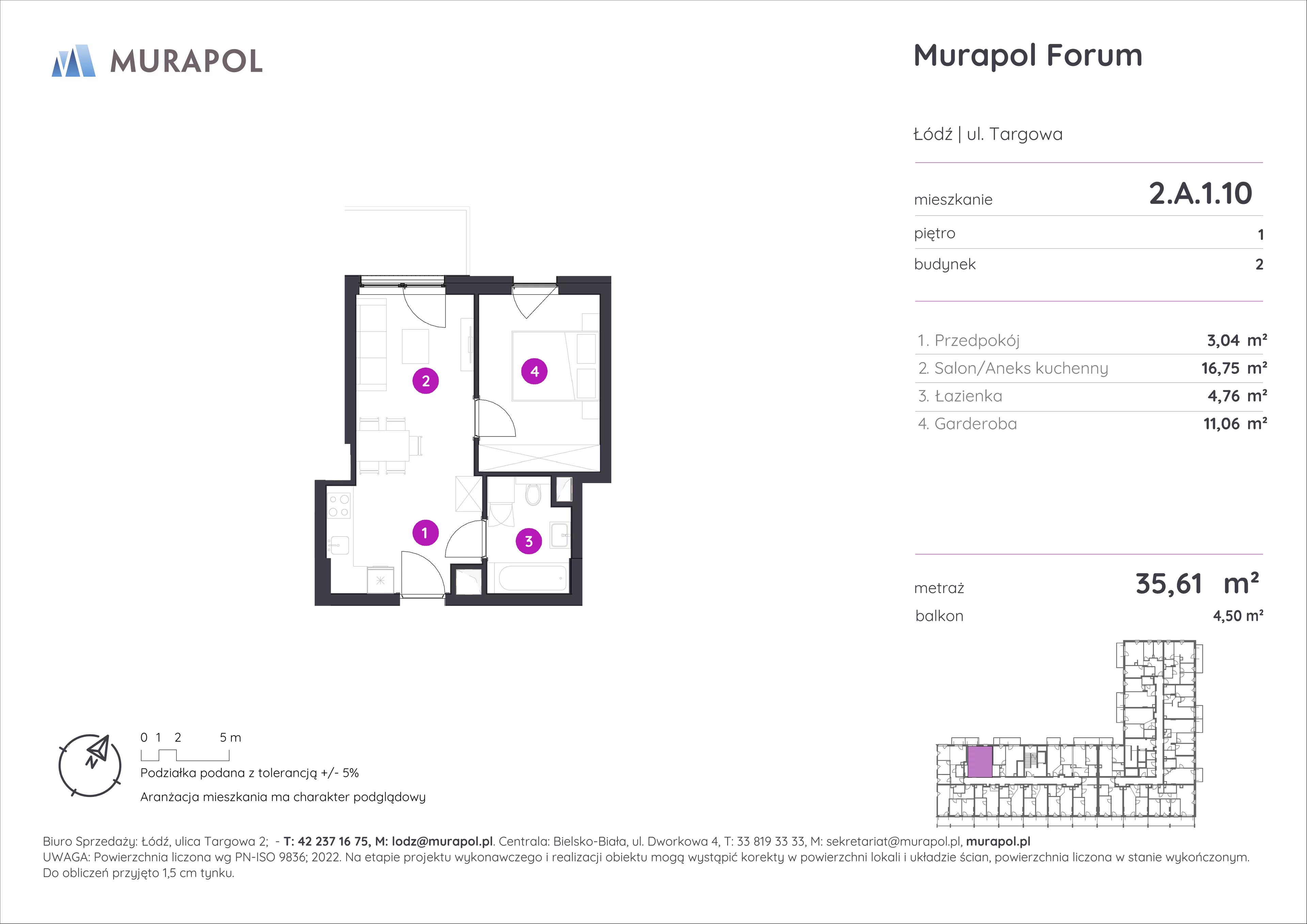 Mieszkanie 35,61 m², piętro 1, oferta nr 2.A.1.10, Murapol Forum, Łódź, Śródmieście, ul. Targowa