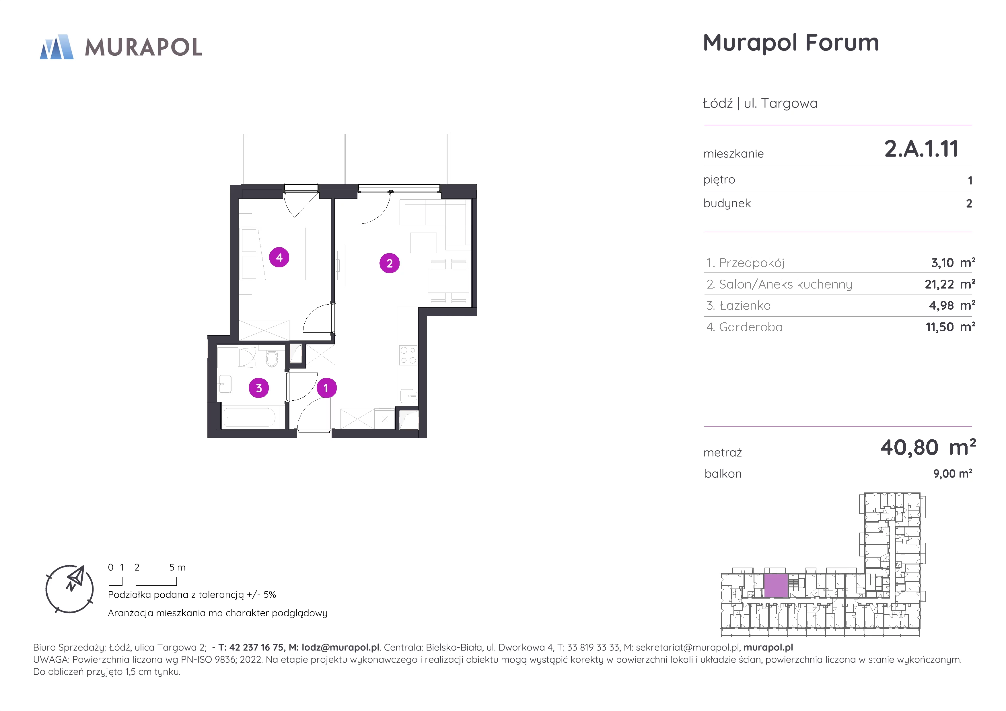 Mieszkanie 40,80 m², piętro 1, oferta nr 2.A.1.11, Murapol Forum, Łódź, Śródmieście, ul. Targowa