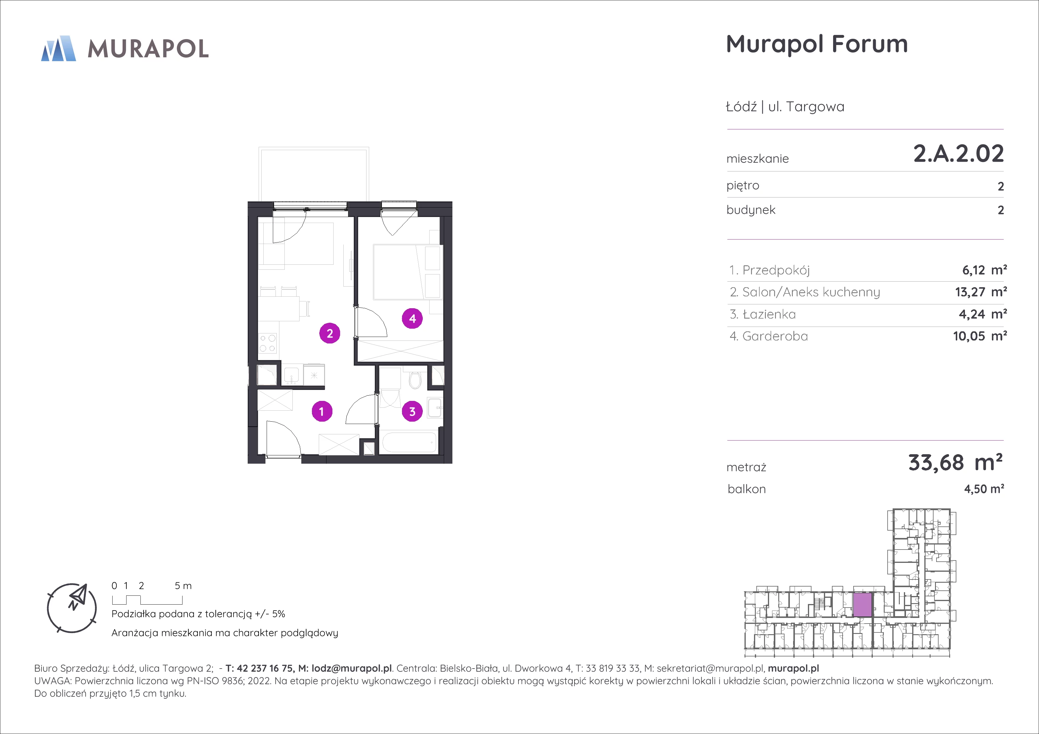 1 pokój, mieszkanie 33,68 m², piętro 2, oferta nr 2.A.2.02, Murapol Forum, Łódź, Śródmieście, ul. Targowa