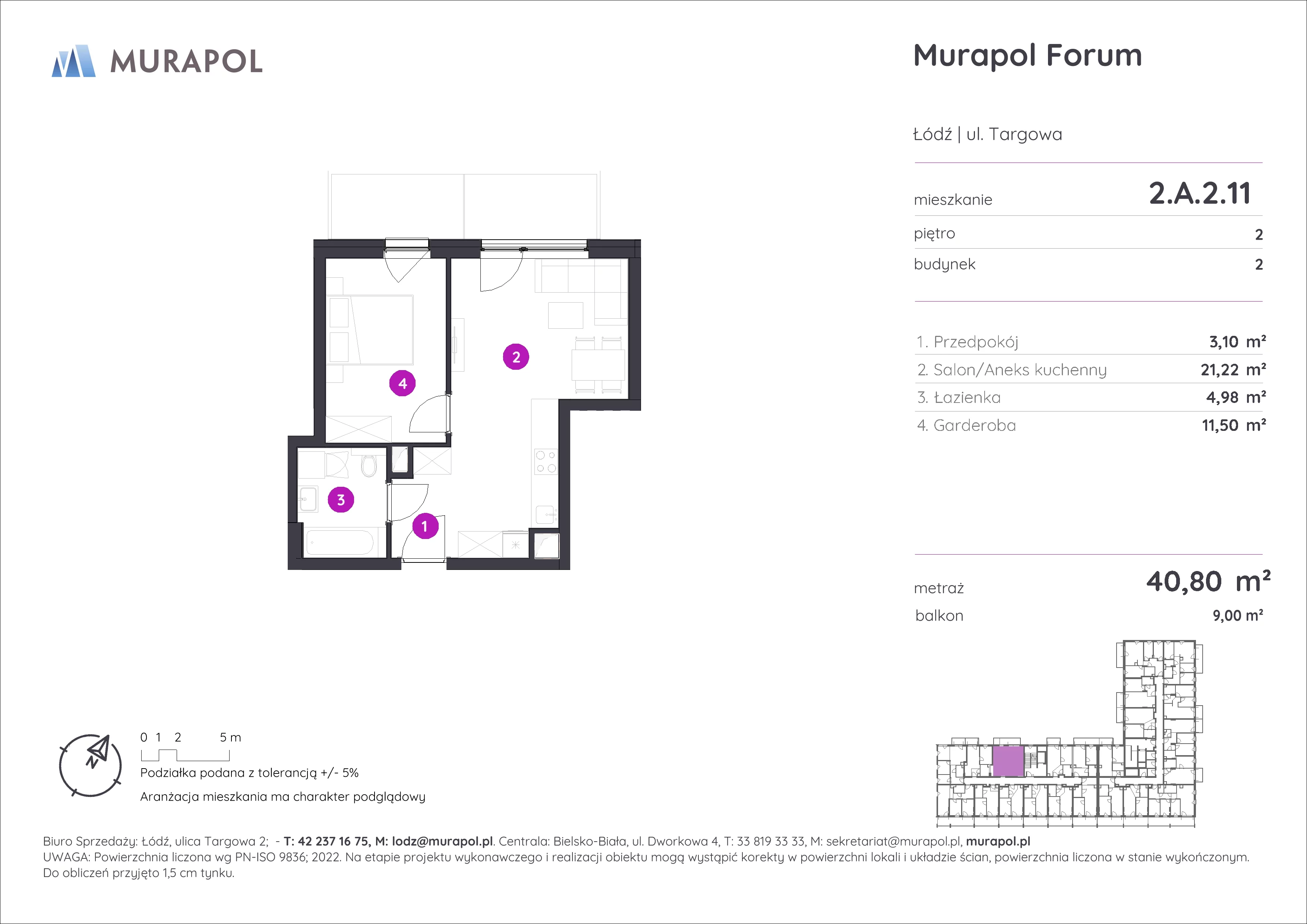 Mieszkanie 40,80 m², piętro 2, oferta nr 2.A.2.11, Murapol Forum, Łódź, Śródmieście, ul. Targowa