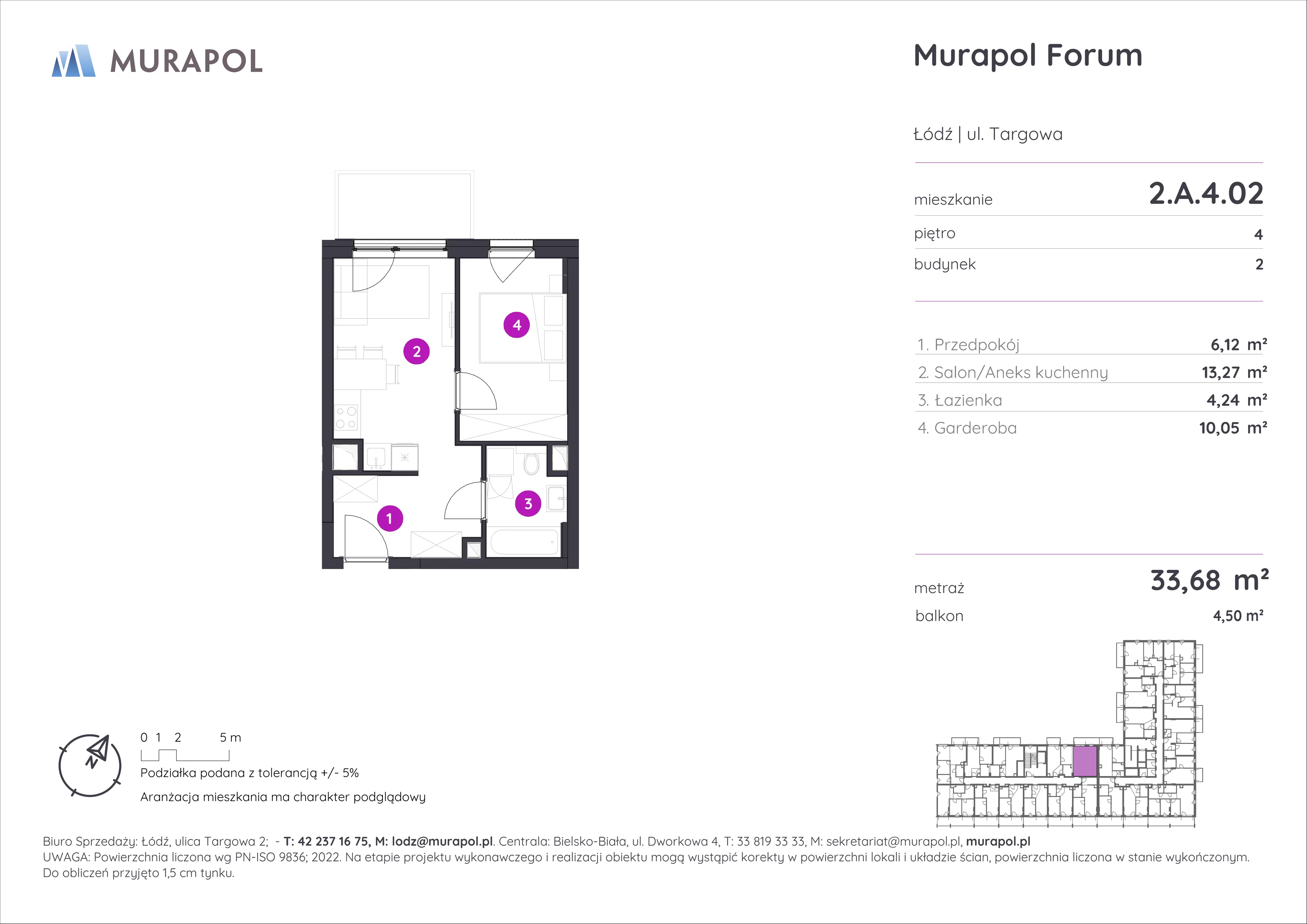 Mieszkanie 33,68 m², piętro 4, oferta nr 2.A.4.02, Murapol Forum, Łódź, Śródmieście, ul. Targowa