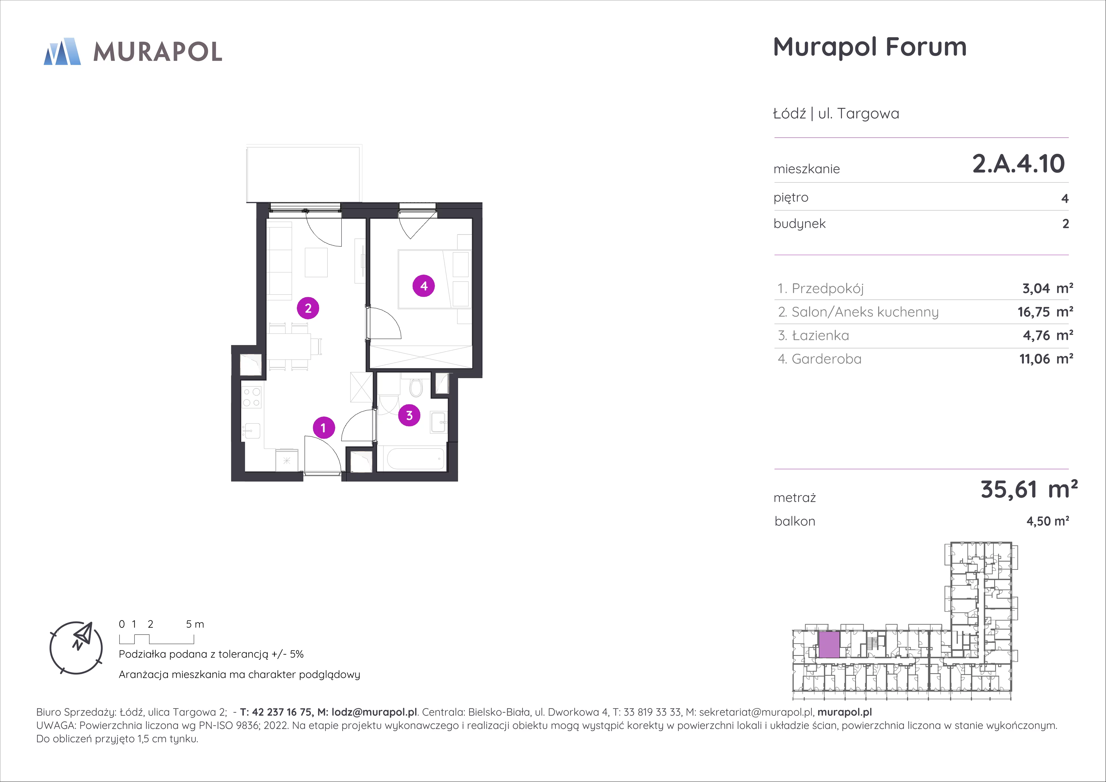 1 pokój, mieszkanie 35,61 m², piętro 4, oferta nr 2.A.4.10, Murapol Forum, Łódź, Śródmieście, ul. Targowa