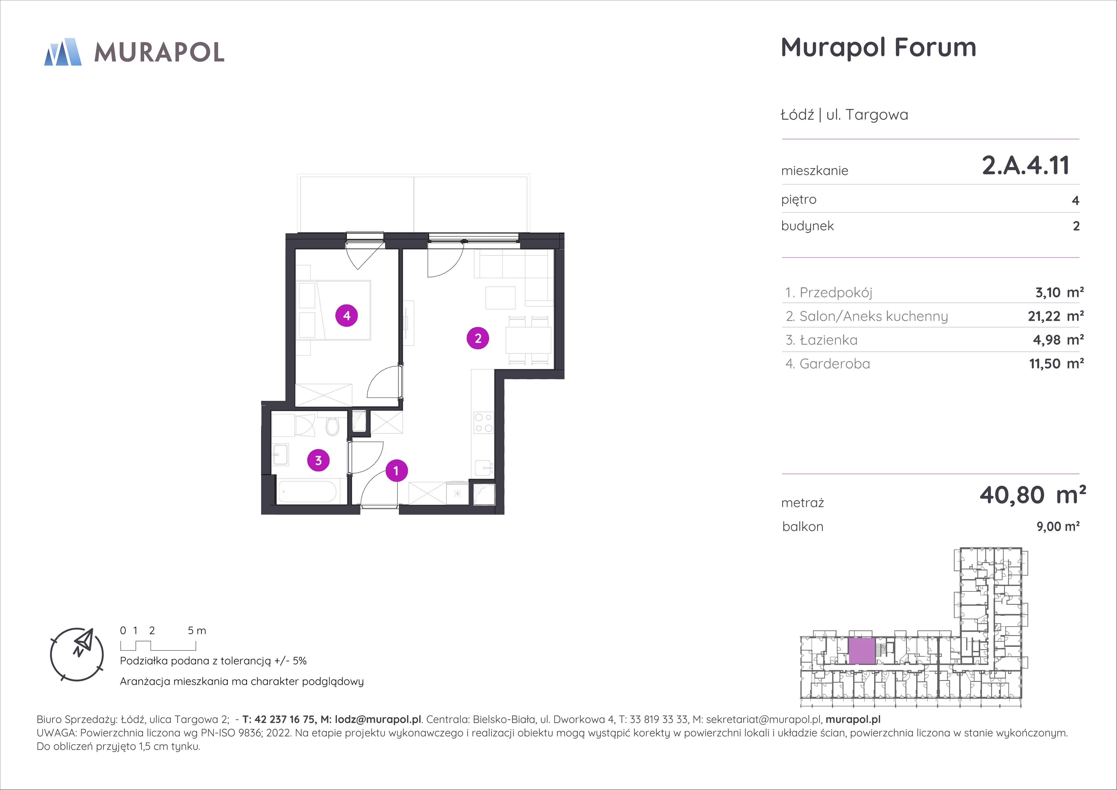 Mieszkanie 40,80 m², piętro 4, oferta nr 2.A.4.11, Murapol Forum, Łódź, Śródmieście, ul. Targowa