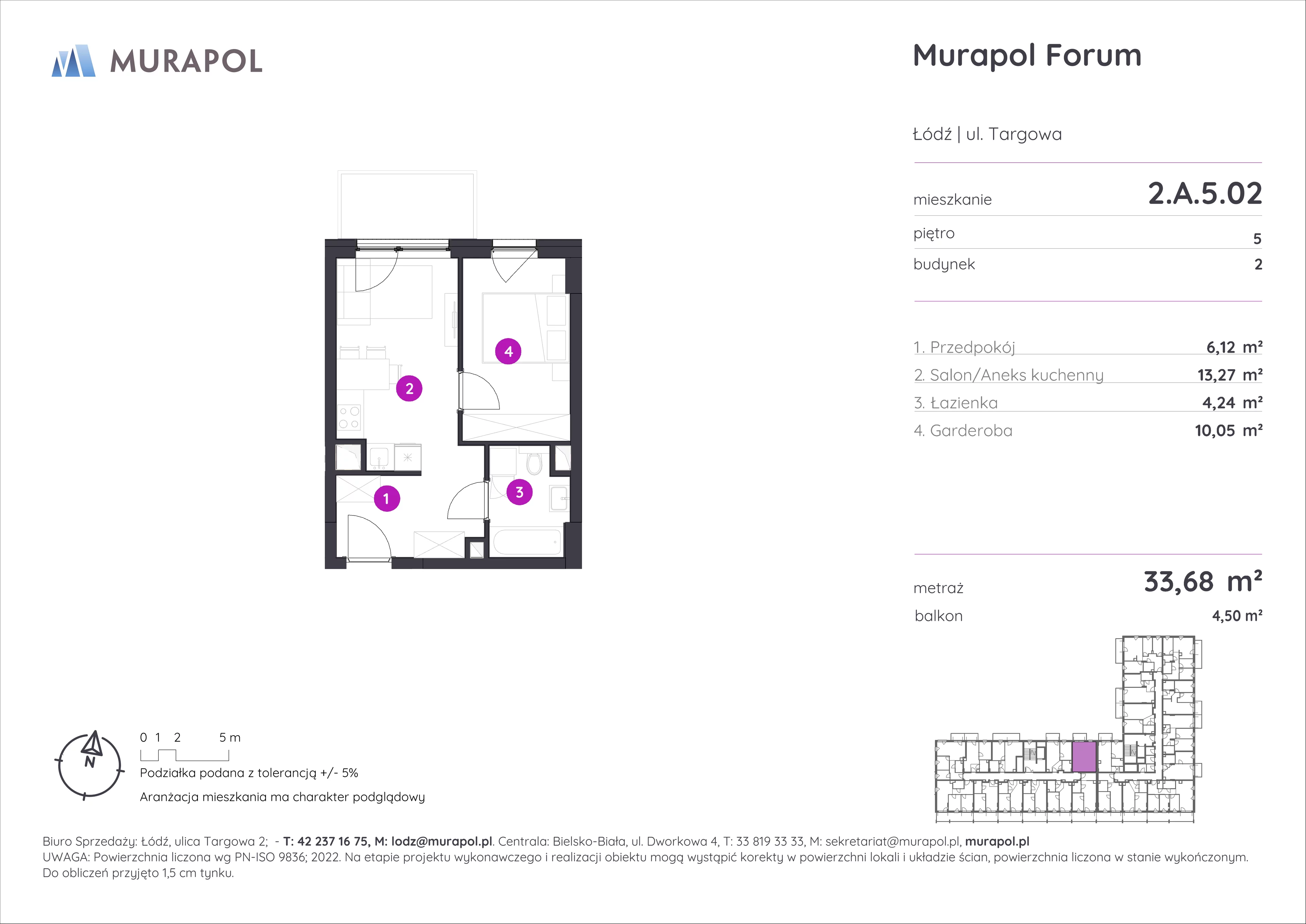 Mieszkanie 33,68 m², piętro 5, oferta nr 2.A.5.02, Murapol Forum, Łódź, Śródmieście, ul. Targowa