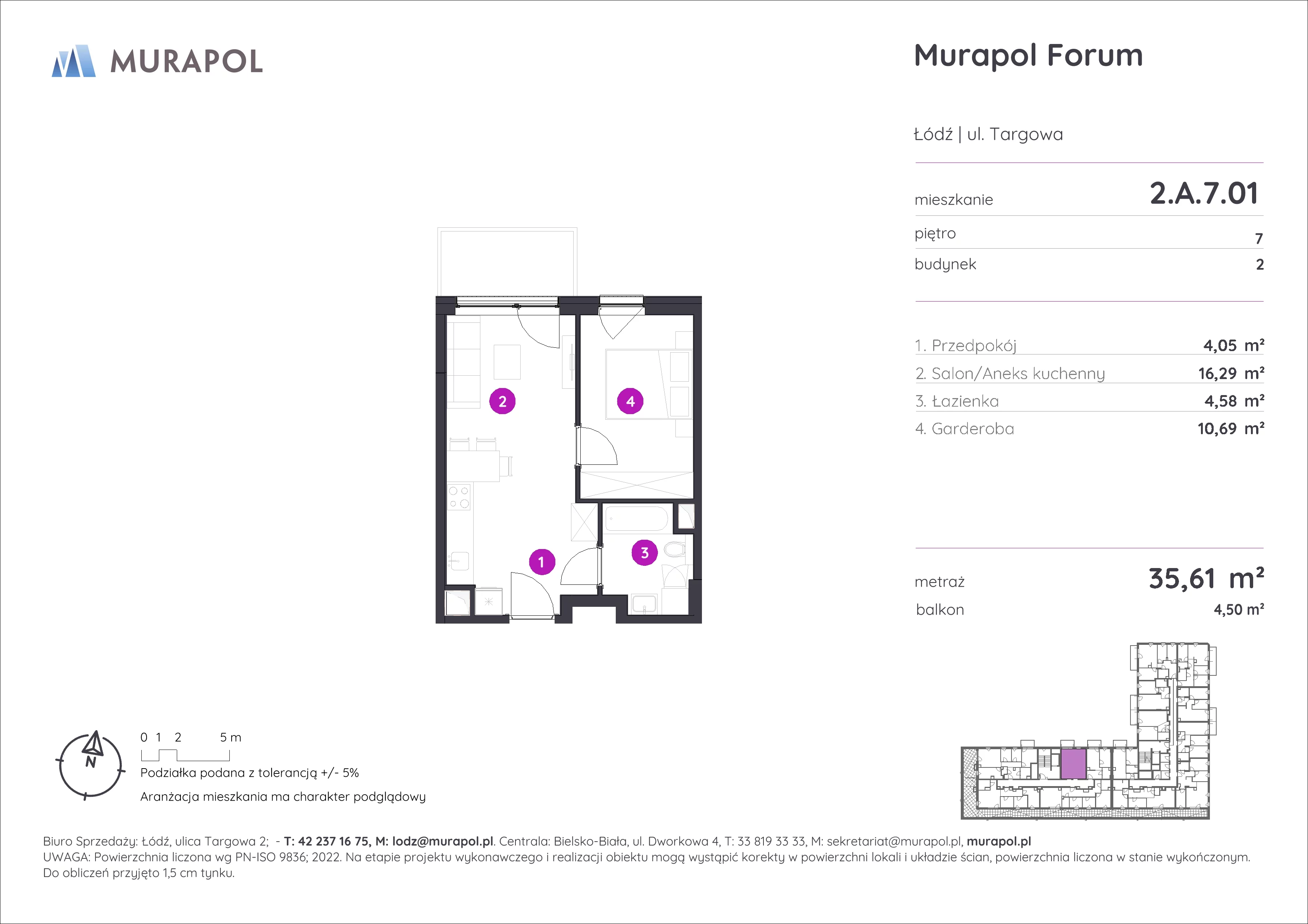 1 pokój, mieszkanie 35,61 m², piętro 7, oferta nr 2.A.7.01, Murapol Forum, Łódź, Śródmieście, ul. Targowa