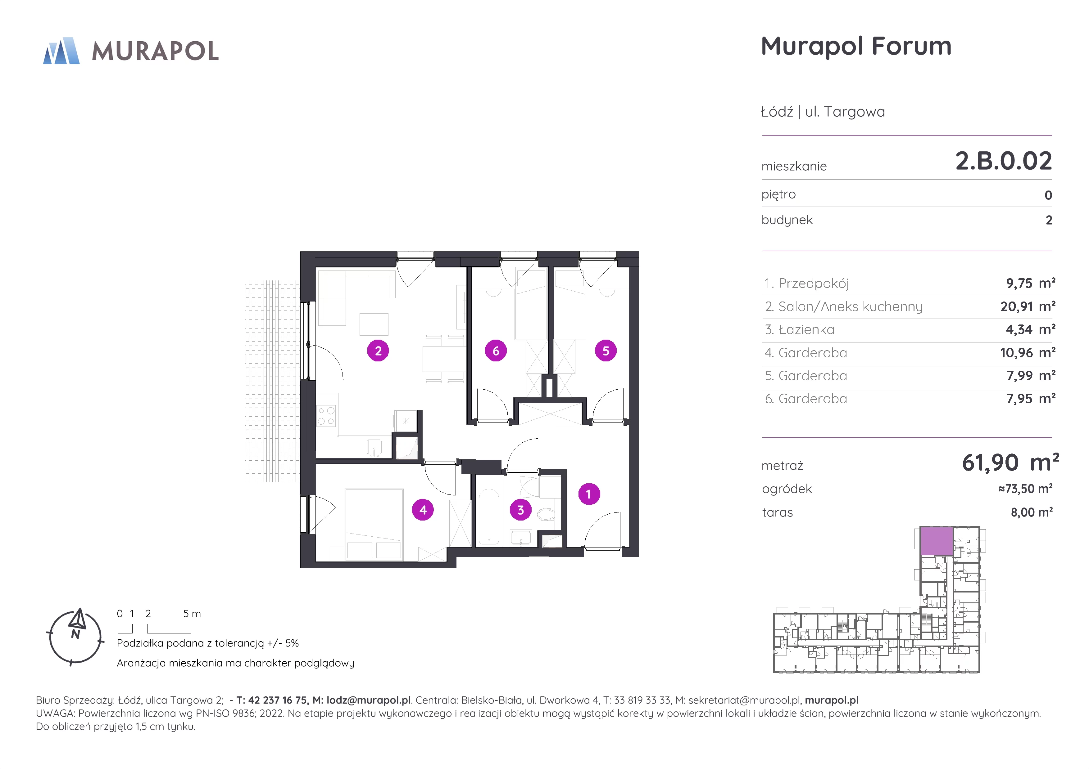 1 pokój, mieszkanie 61,90 m², parter, oferta nr 2.B.0.02, Murapol Forum, Łódź, Śródmieście, ul. Targowa