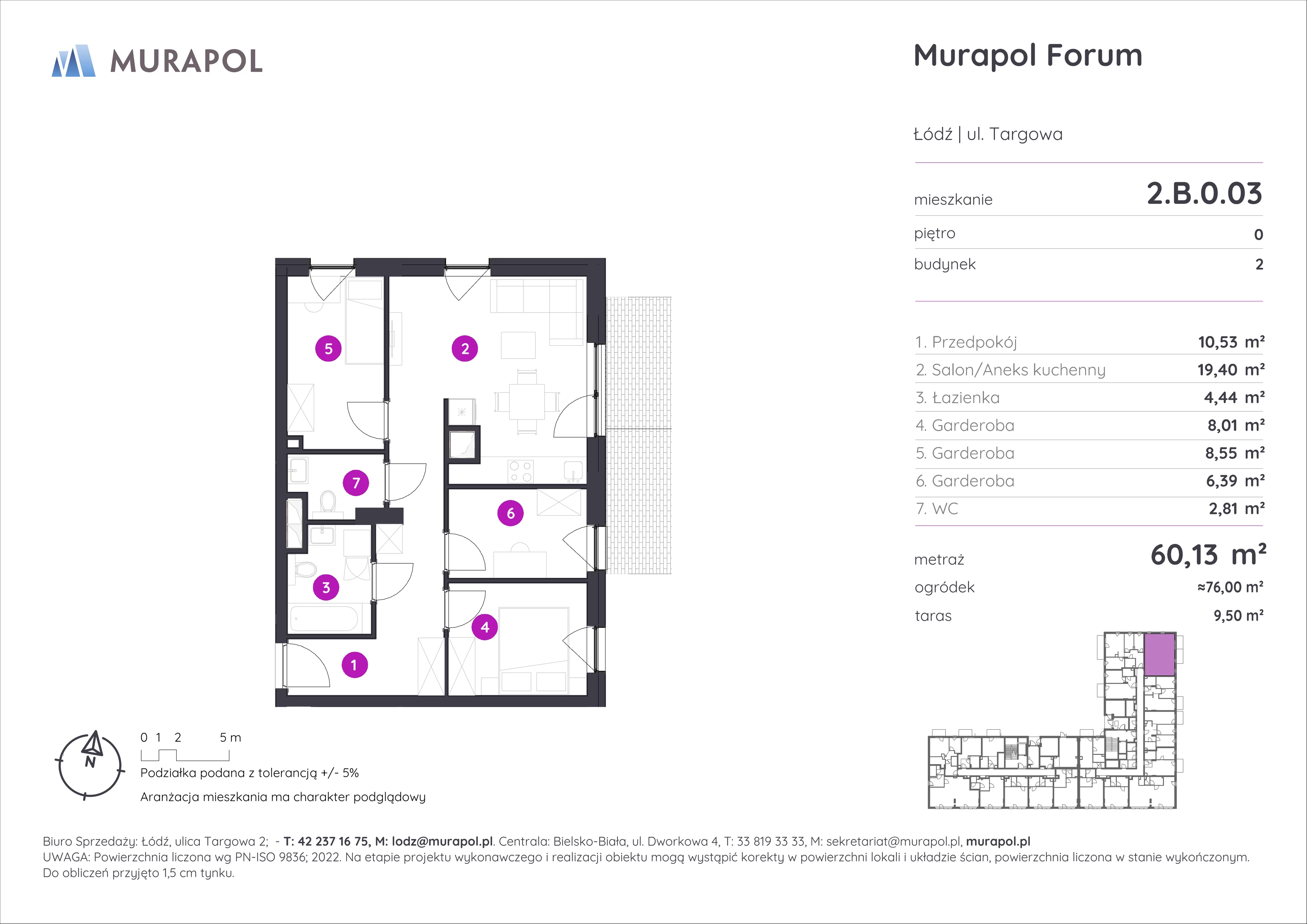 Mieszkanie 60,13 m², parter, oferta nr 2.B.0.03, Murapol Forum, Łódź, Śródmieście, ul. Targowa