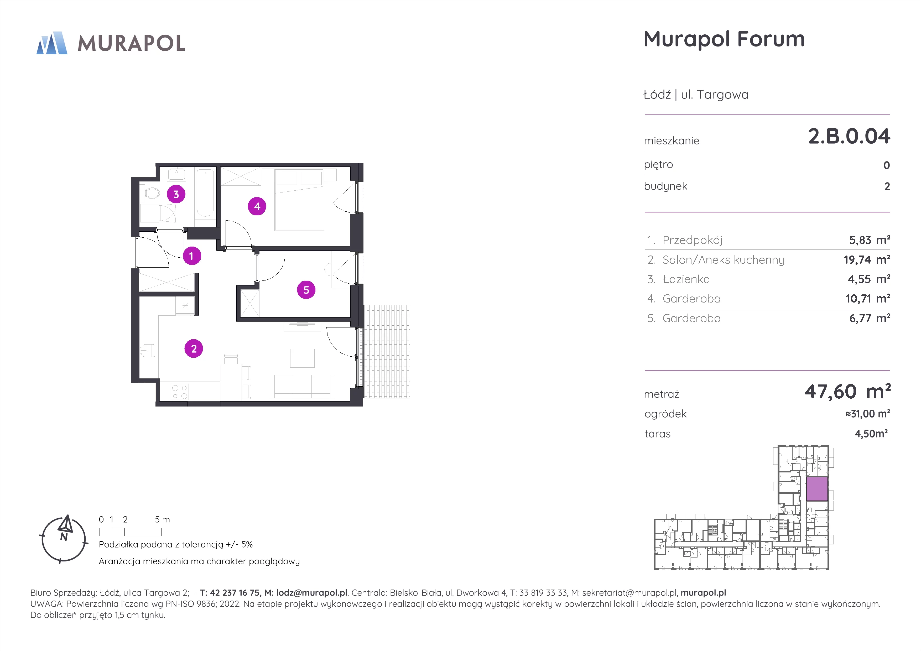 Mieszkanie 47,60 m², parter, oferta nr 2.B.0.04, Murapol Forum, Łódź, Śródmieście, ul. Targowa