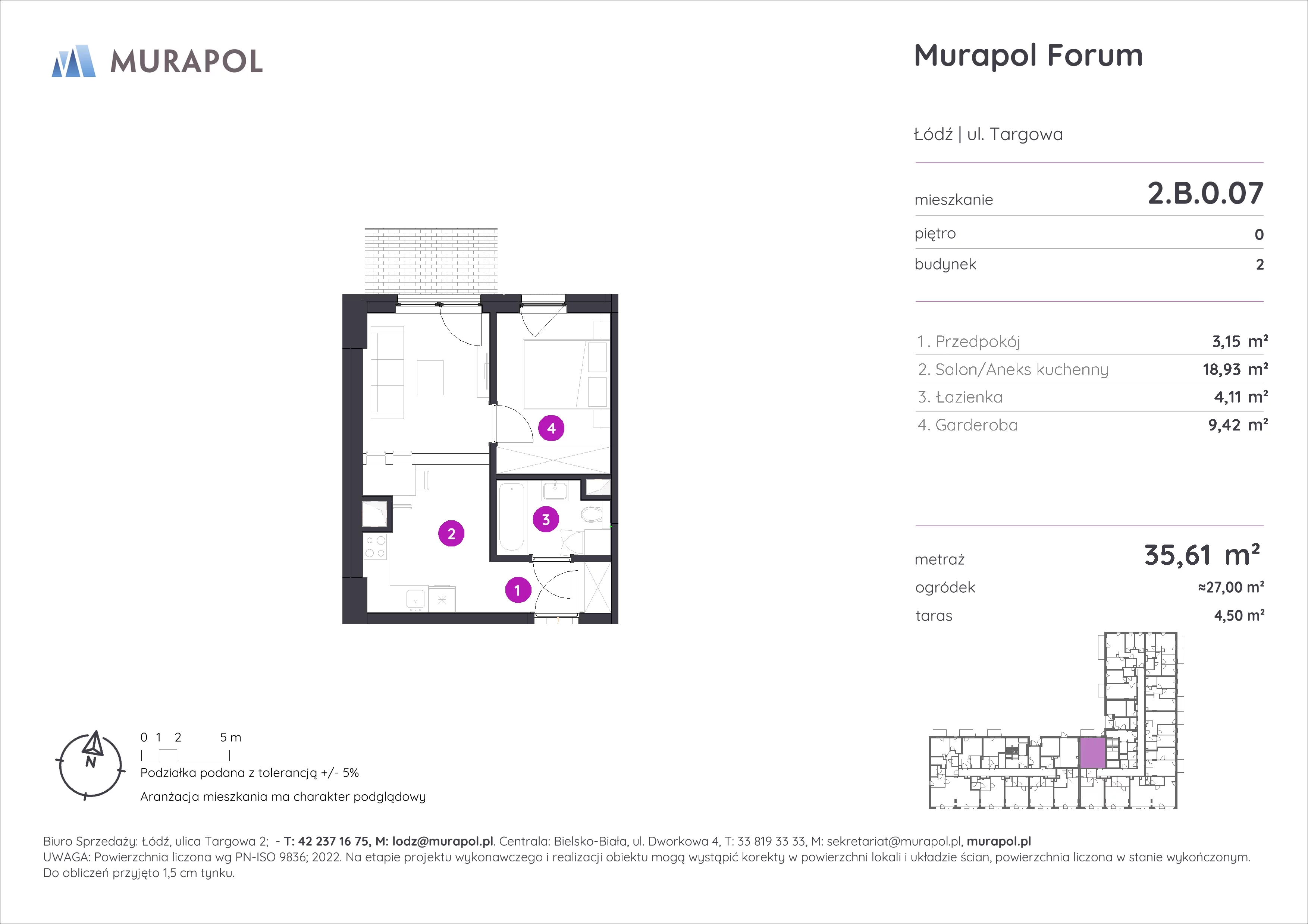 Mieszkanie 35,61 m², parter, oferta nr 2.B.0.07, Murapol Forum, Łódź, Śródmieście, ul. Targowa