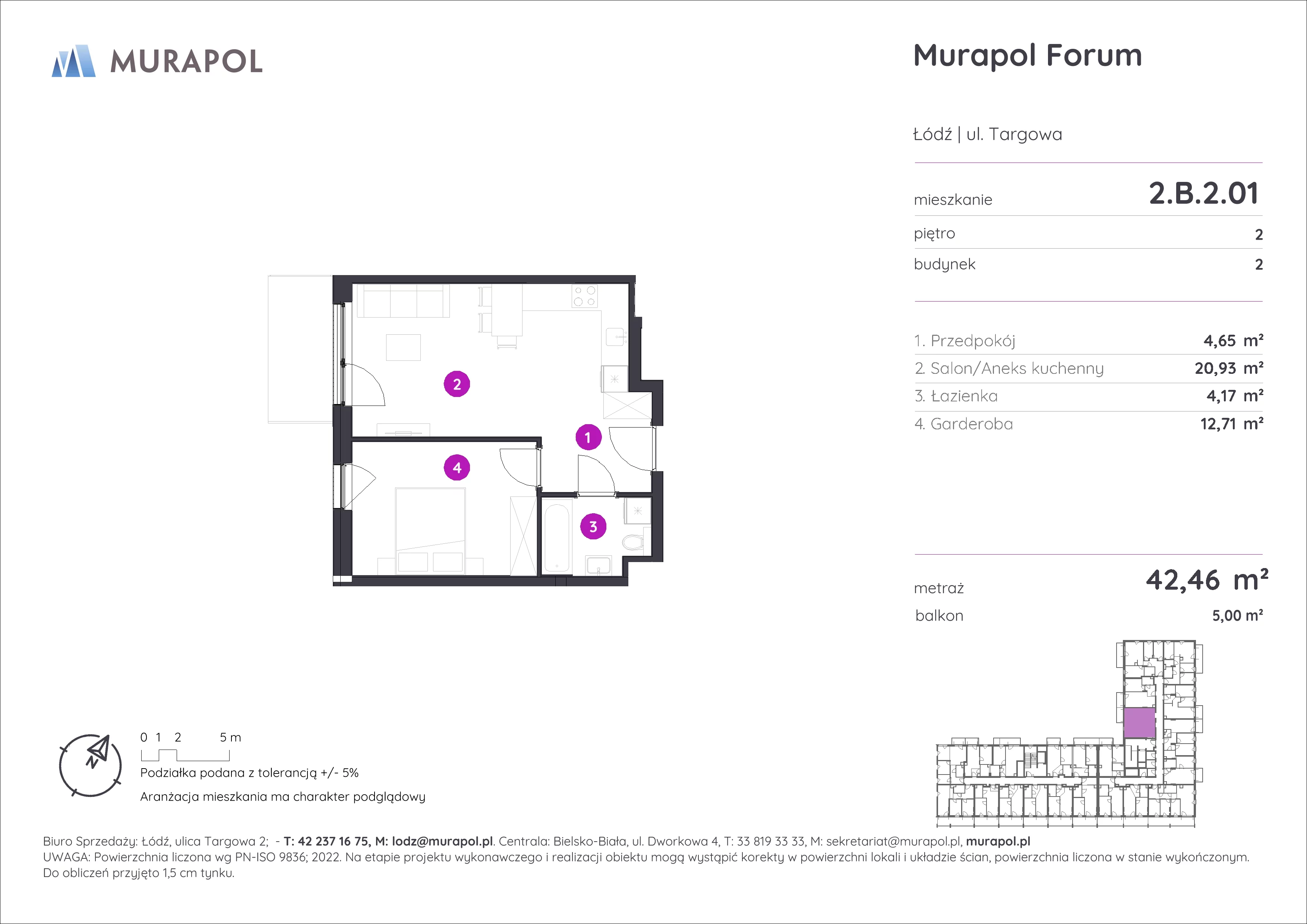 1 pokój, mieszkanie 42,46 m², piętro 2, oferta nr 2.B.2.01, Murapol Forum, Łódź, Śródmieście, ul. Targowa