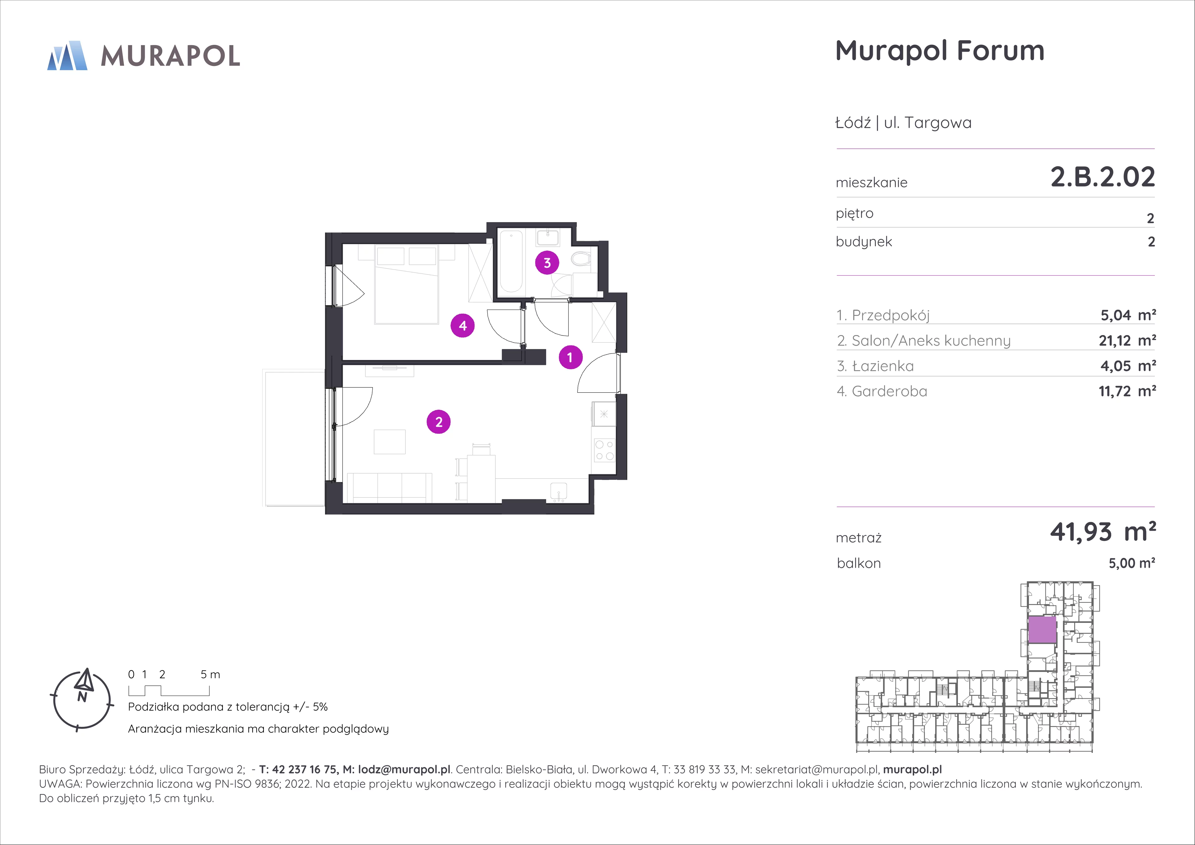 1 pokój, mieszkanie 41,93 m², piętro 2, oferta nr 2.B.2.02, Murapol Forum, Łódź, Śródmieście, ul. Targowa