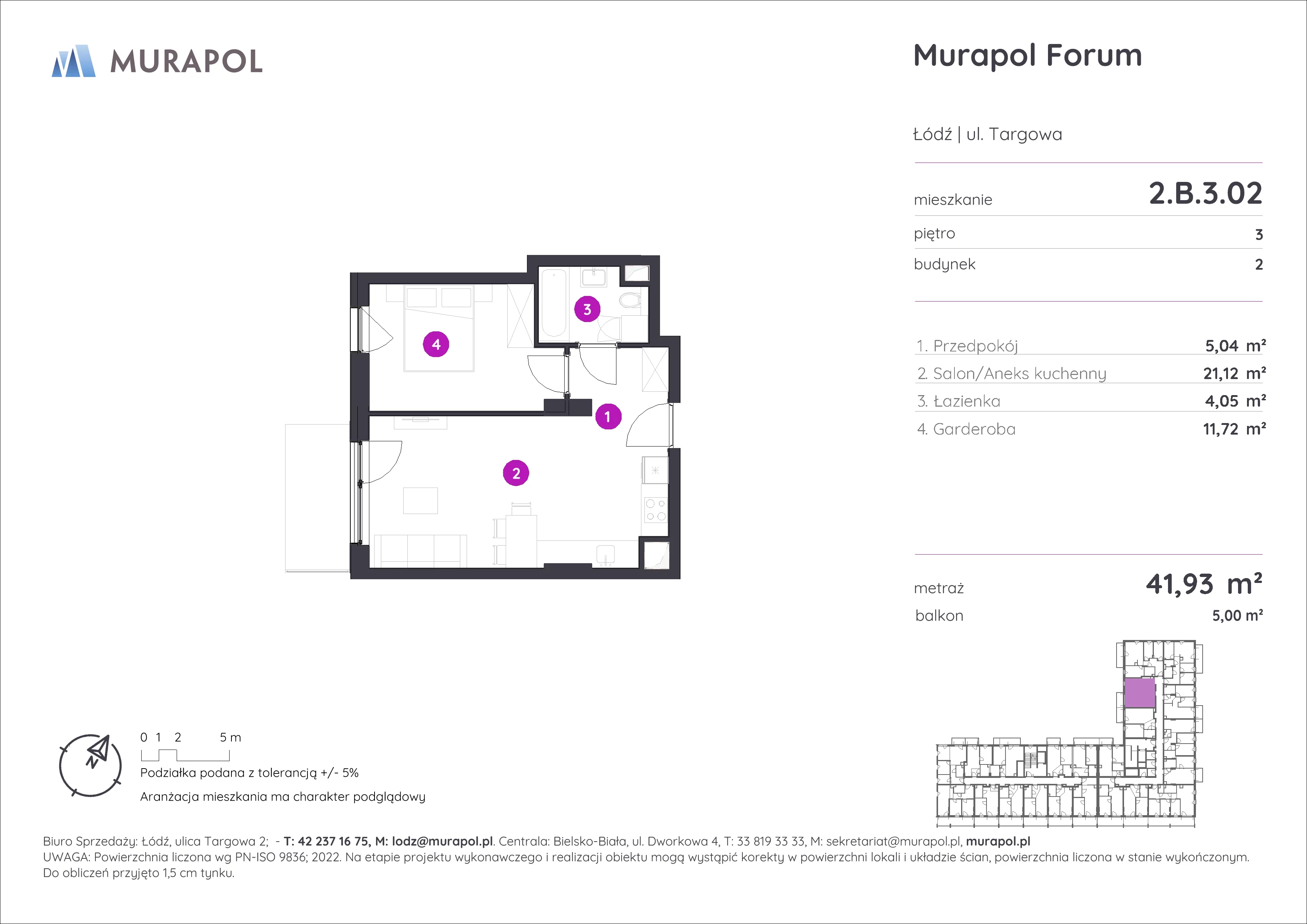 Mieszkanie 41,93 m², piętro 3, oferta nr 2.B.3.02, Murapol Forum, Łódź, Śródmieście, ul. Targowa