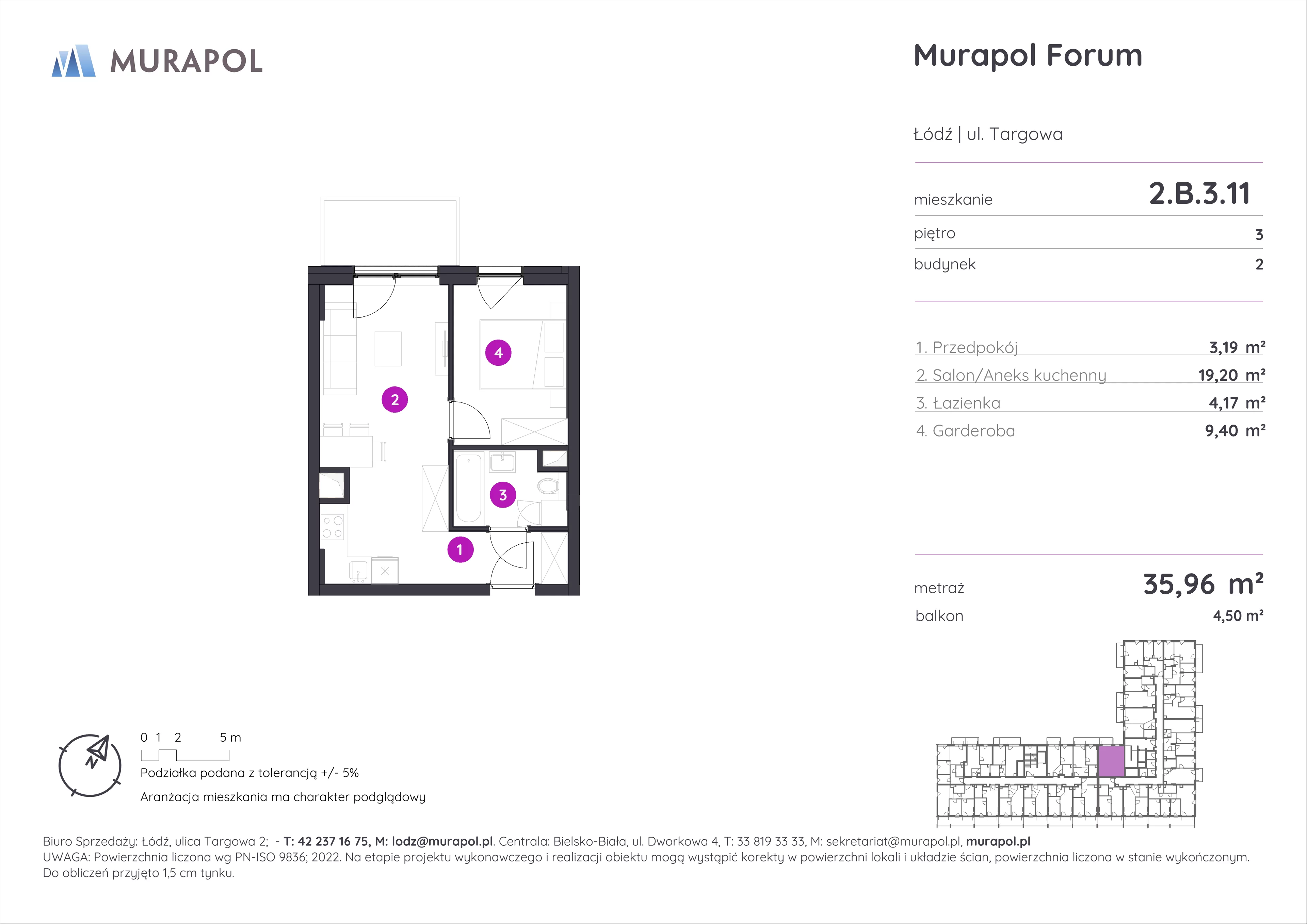 1 pokój, mieszkanie 35,96 m², piętro 3, oferta nr 2.B.3.11, Murapol Forum, Łódź, Śródmieście, ul. Targowa