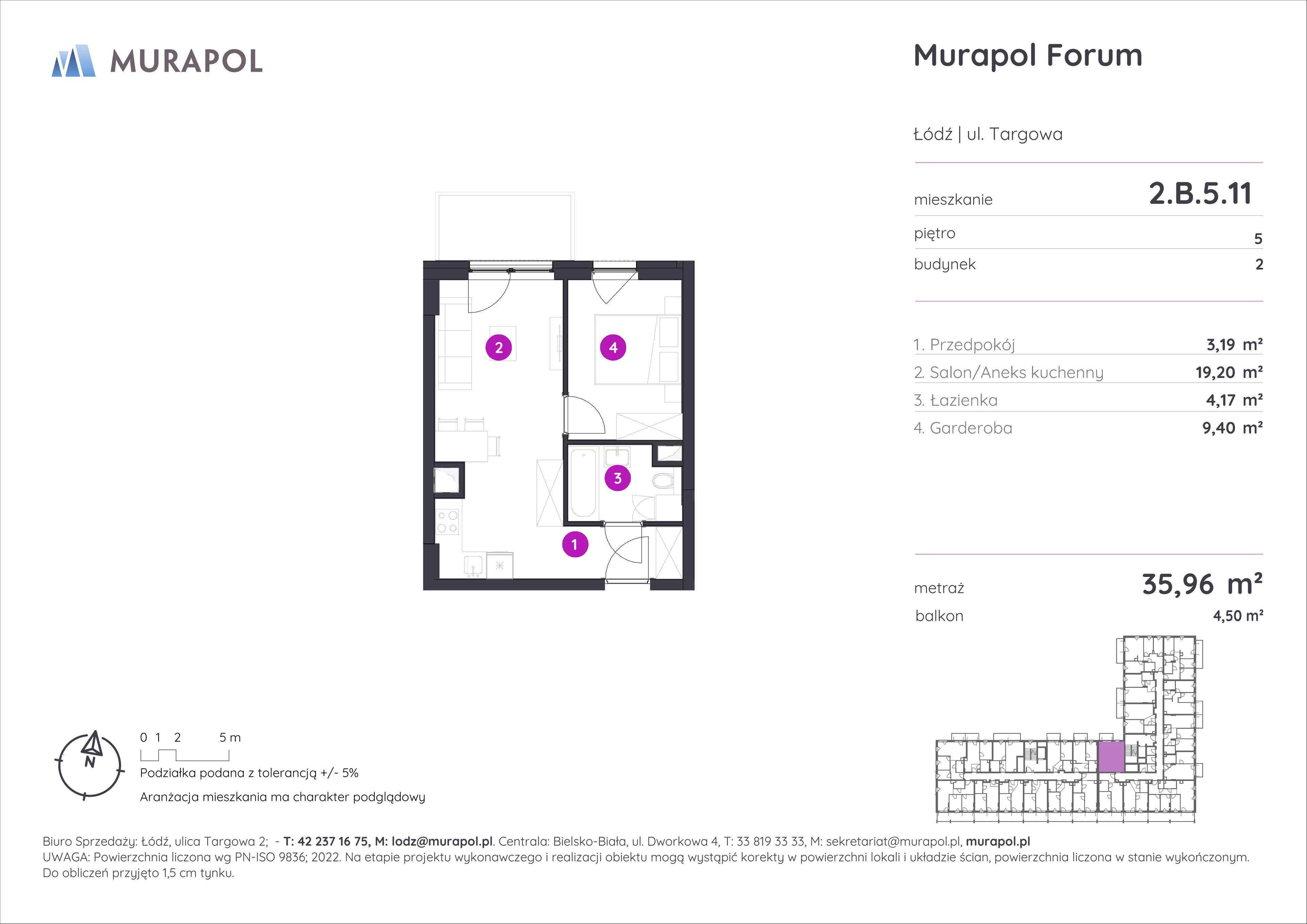 1 pokój, mieszkanie 35,96 m², piętro 5, oferta nr 2.B.5.11, Murapol Forum, Łódź, Śródmieście, ul. Targowa