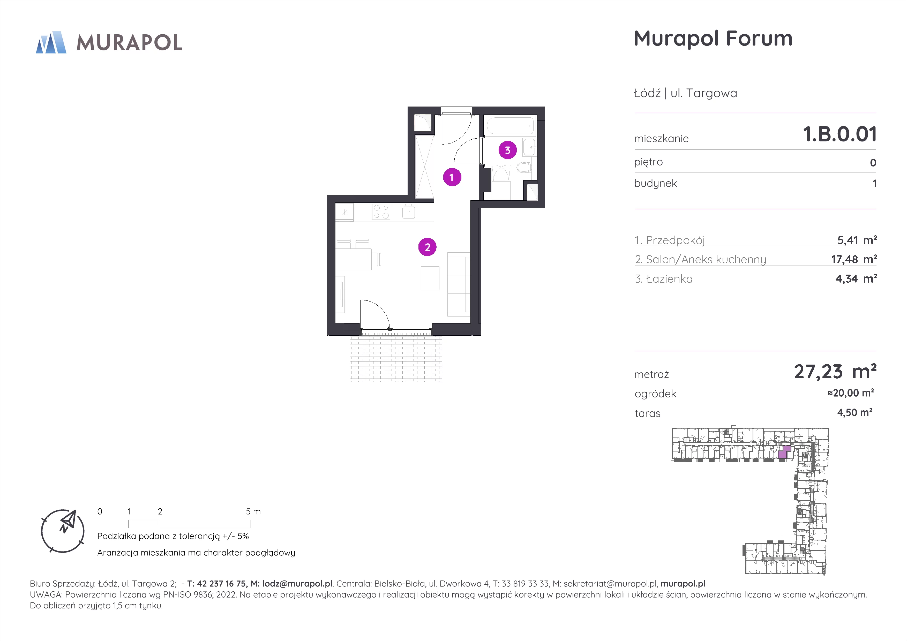 1 pokój, mieszkanie 27,23 m², parter, oferta nr 1.B.0.01, Murapol Forum, Łódź, Śródmieście, ul. Targowa