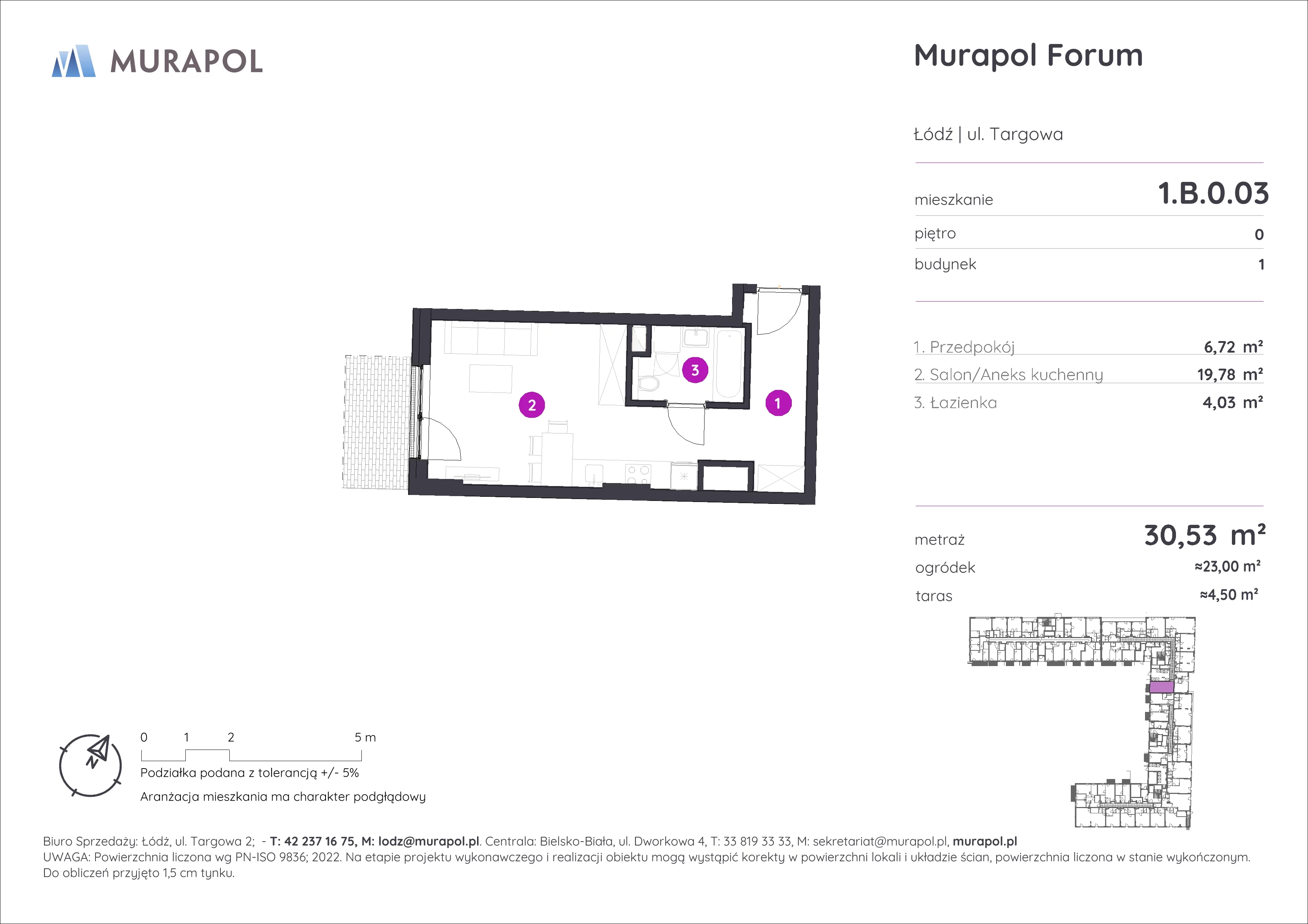 1 pokój, mieszkanie 30,53 m², parter, oferta nr 1.B.0.03, Murapol Forum, Łódź, Śródmieście, ul. Targowa