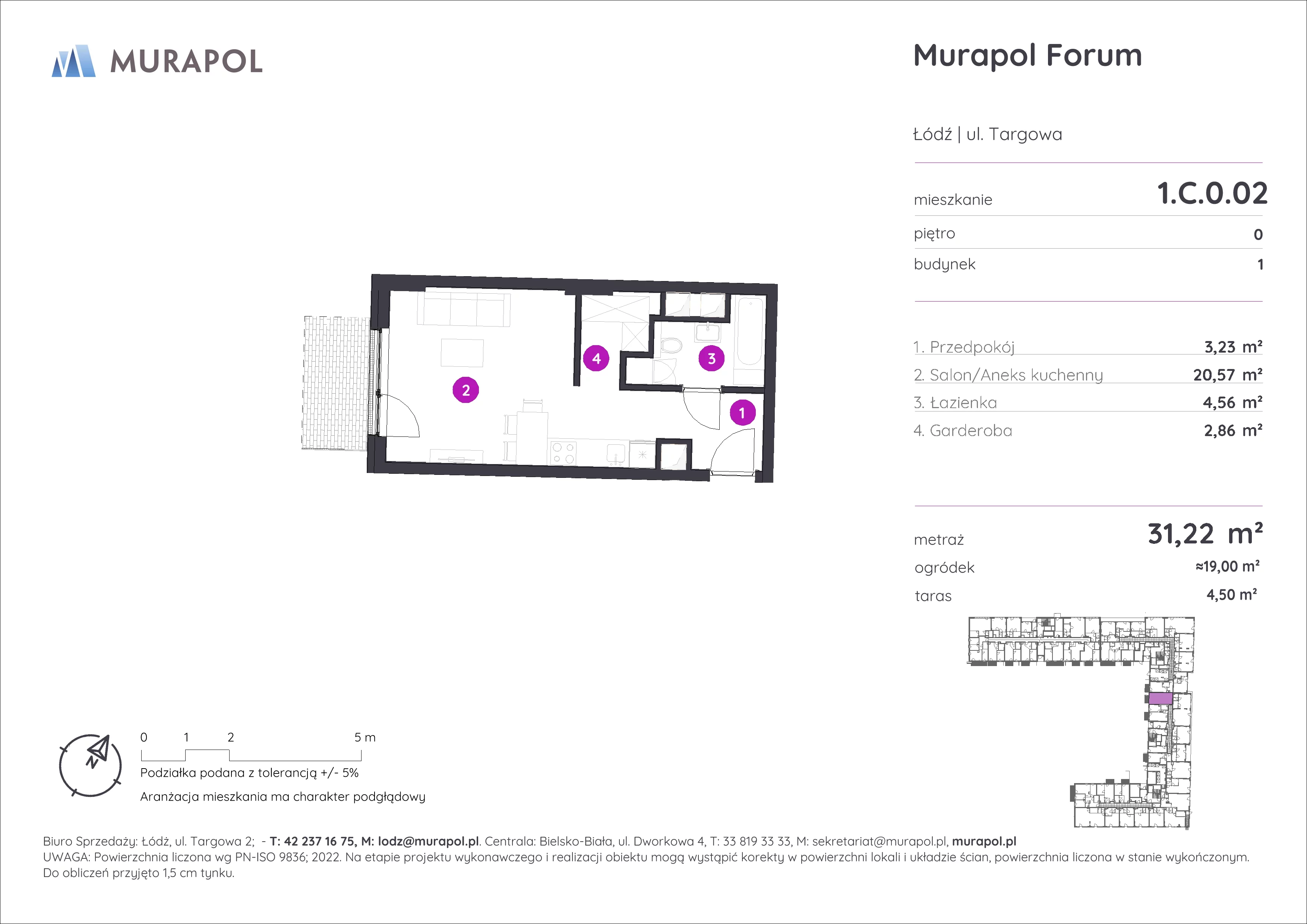 1 pokój, mieszkanie 31,22 m², parter, oferta nr 1.C.0.02, Murapol Forum, Łódź, Śródmieście, ul. Targowa
