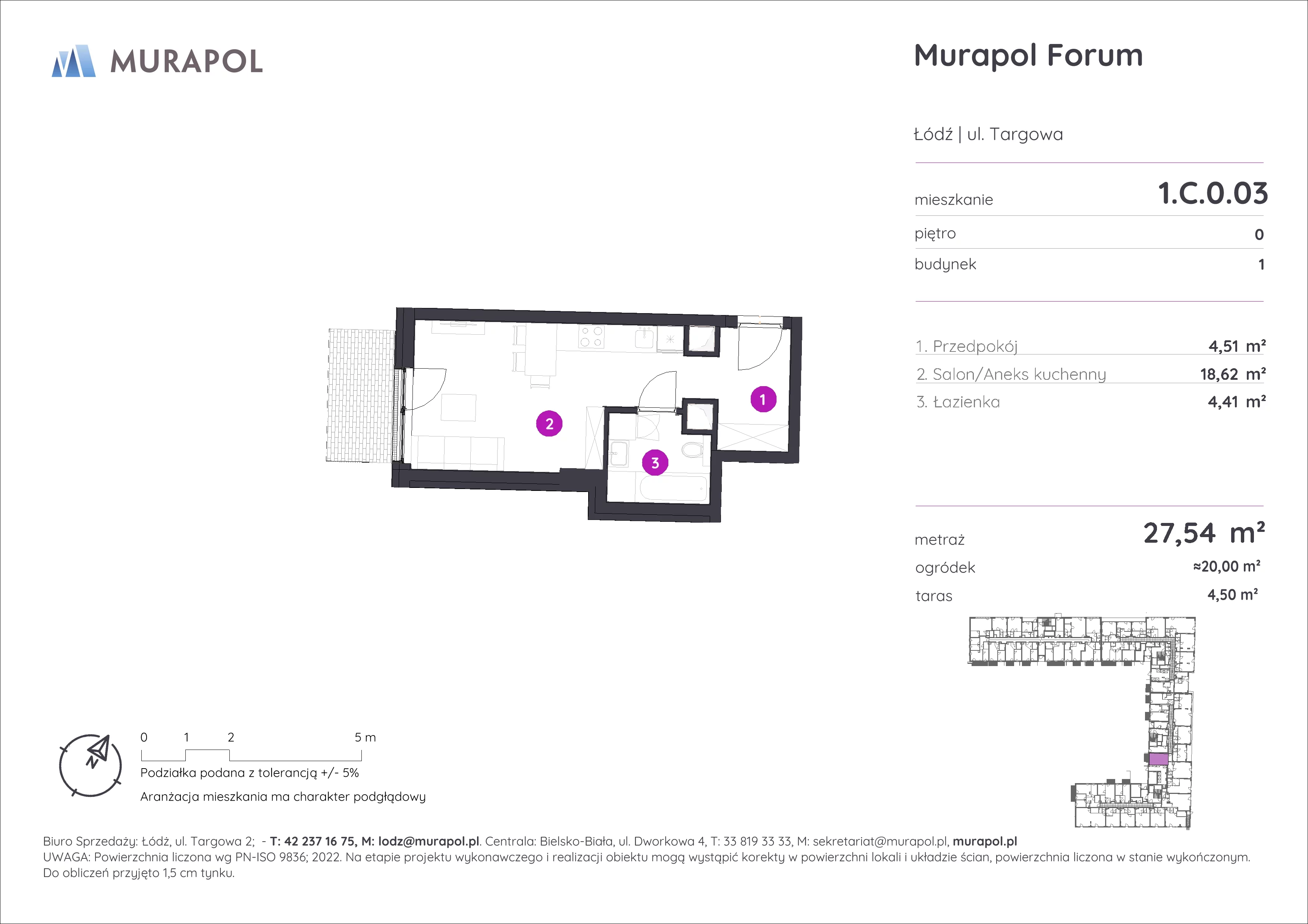 1 pokój, mieszkanie 27,54 m², parter, oferta nr 1.C.0.03, Murapol Forum, Łódź, Śródmieście, ul. Targowa