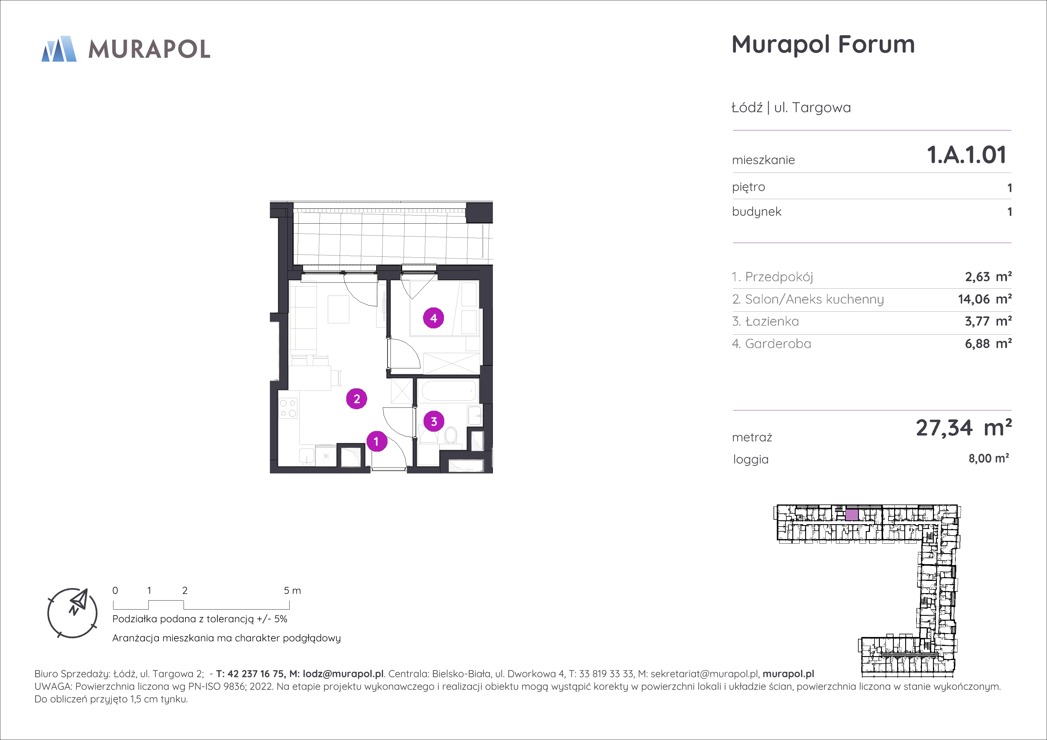 1 pokój, mieszkanie 27,34 m², piętro 1, oferta nr 1.A.1.01, Murapol Forum, Łódź, Śródmieście, ul. Targowa