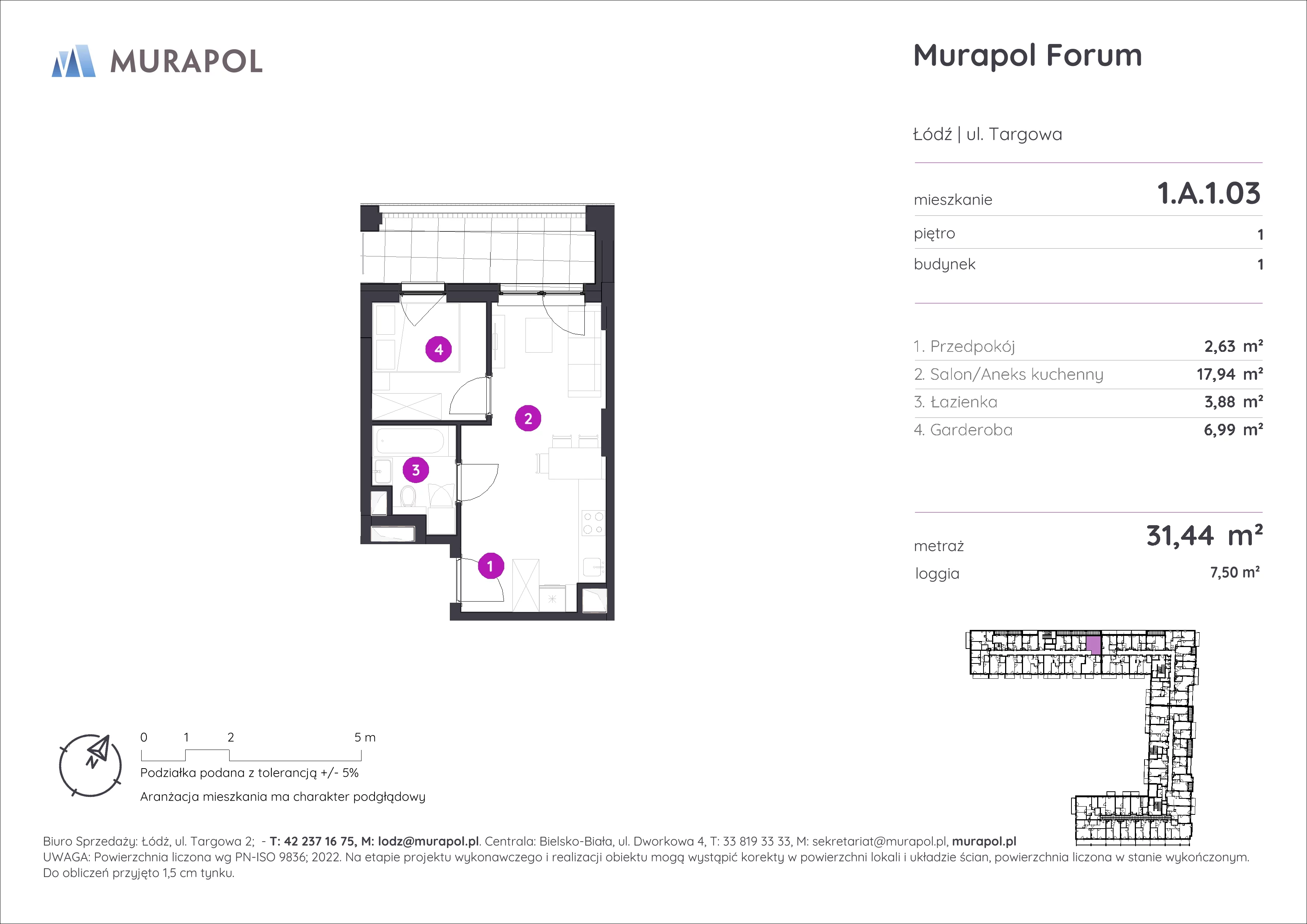 1 pokój, mieszkanie 31,44 m², piętro 1, oferta nr 1.A.1.03, Murapol Forum, Łódź, Śródmieście, ul. Targowa