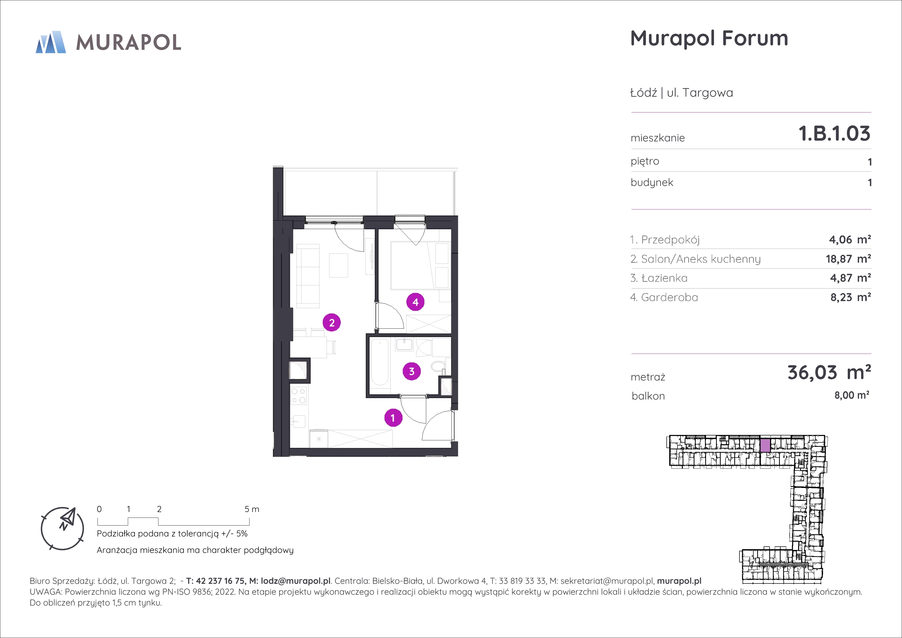 1 pokój, mieszkanie 36,03 m², piętro 1, oferta nr 1.B.1.03, Murapol Forum, Łódź, Śródmieście, ul. Targowa