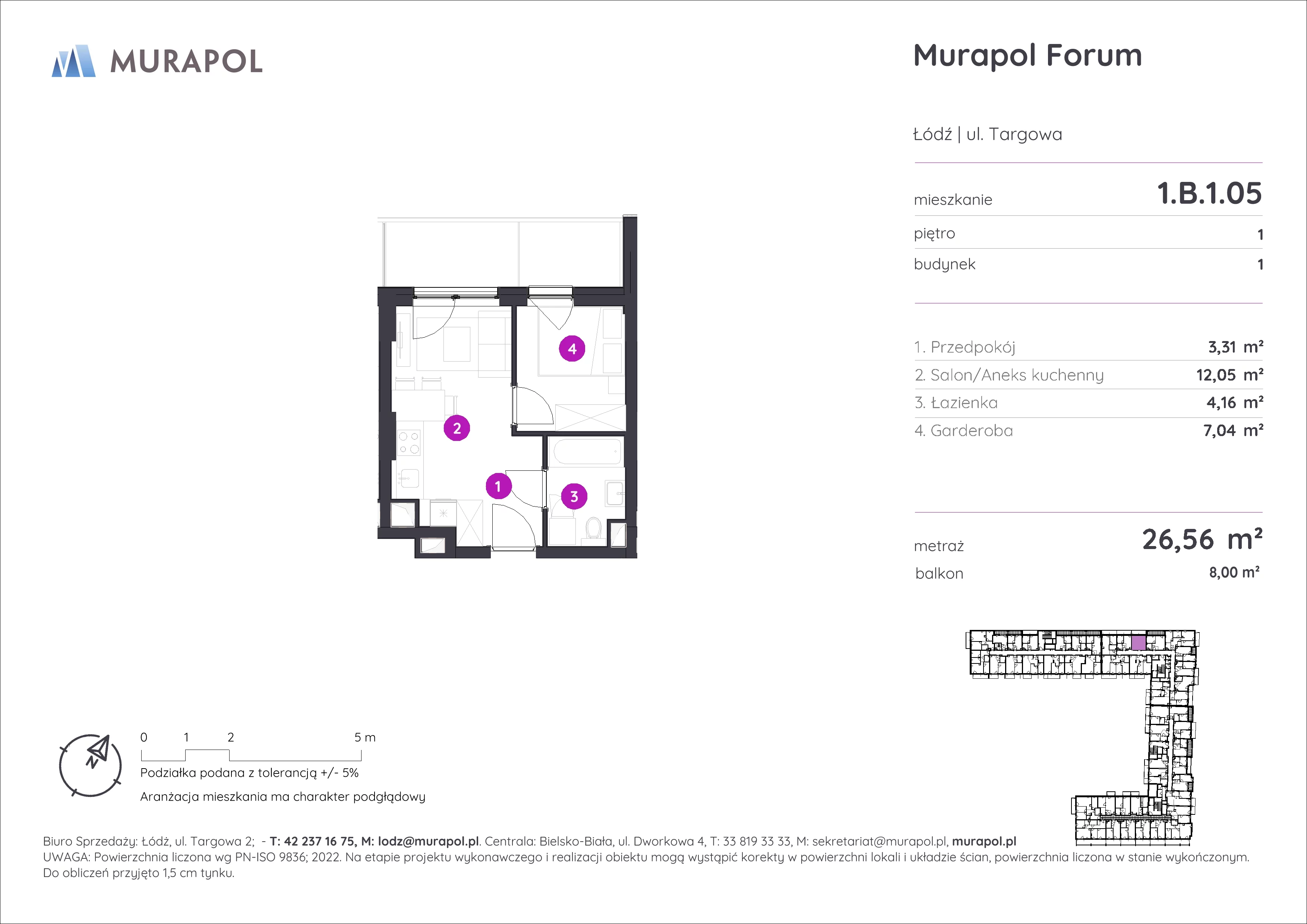 1 pokój, mieszkanie 26,56 m², piętro 1, oferta nr 1.B.1.05, Murapol Forum, Łódź, Śródmieście, ul. Targowa