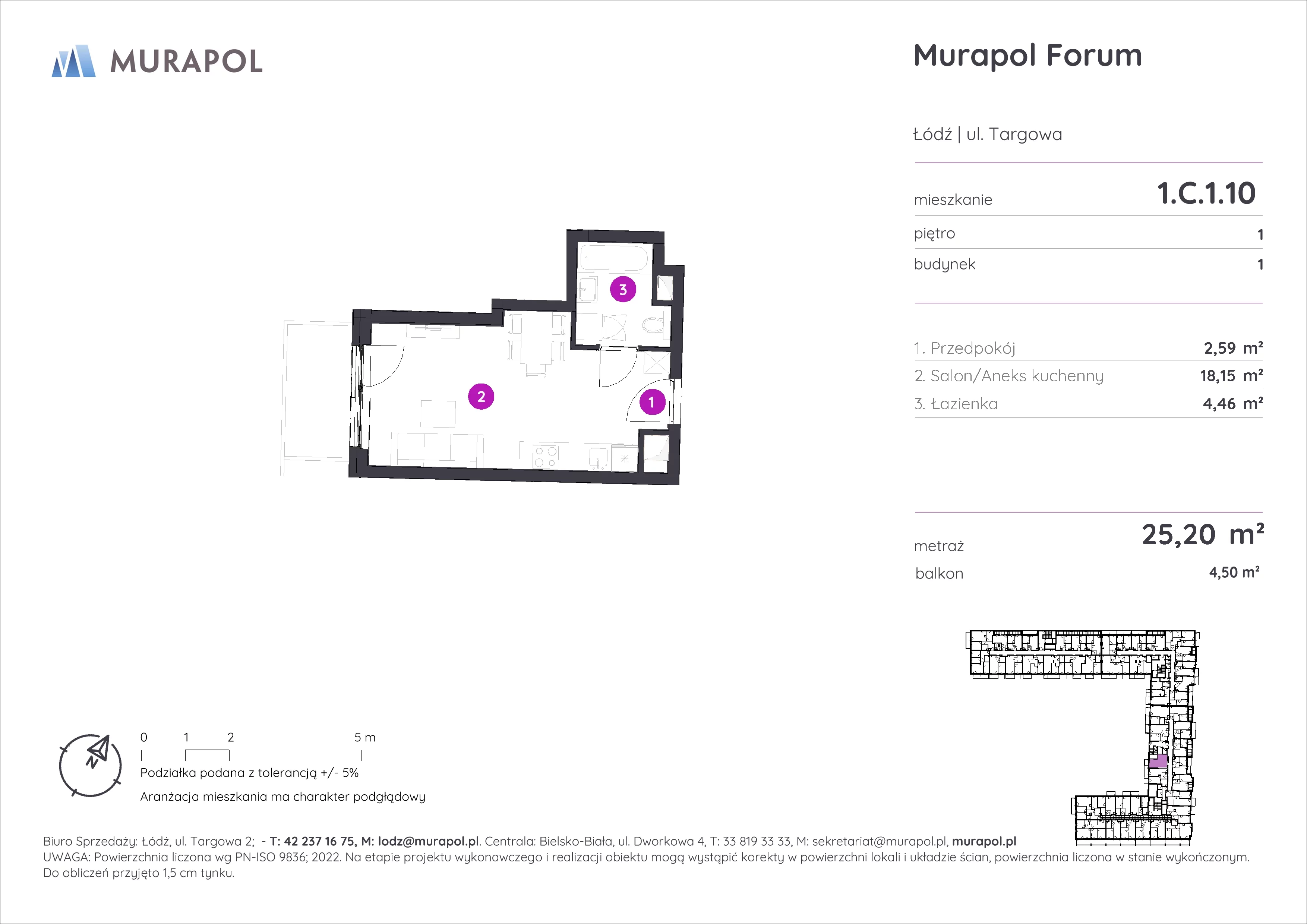 1 pokój, mieszkanie 25,20 m², piętro 1, oferta nr 1.C.1.10, Murapol Forum, Łódź, Śródmieście, ul. Targowa