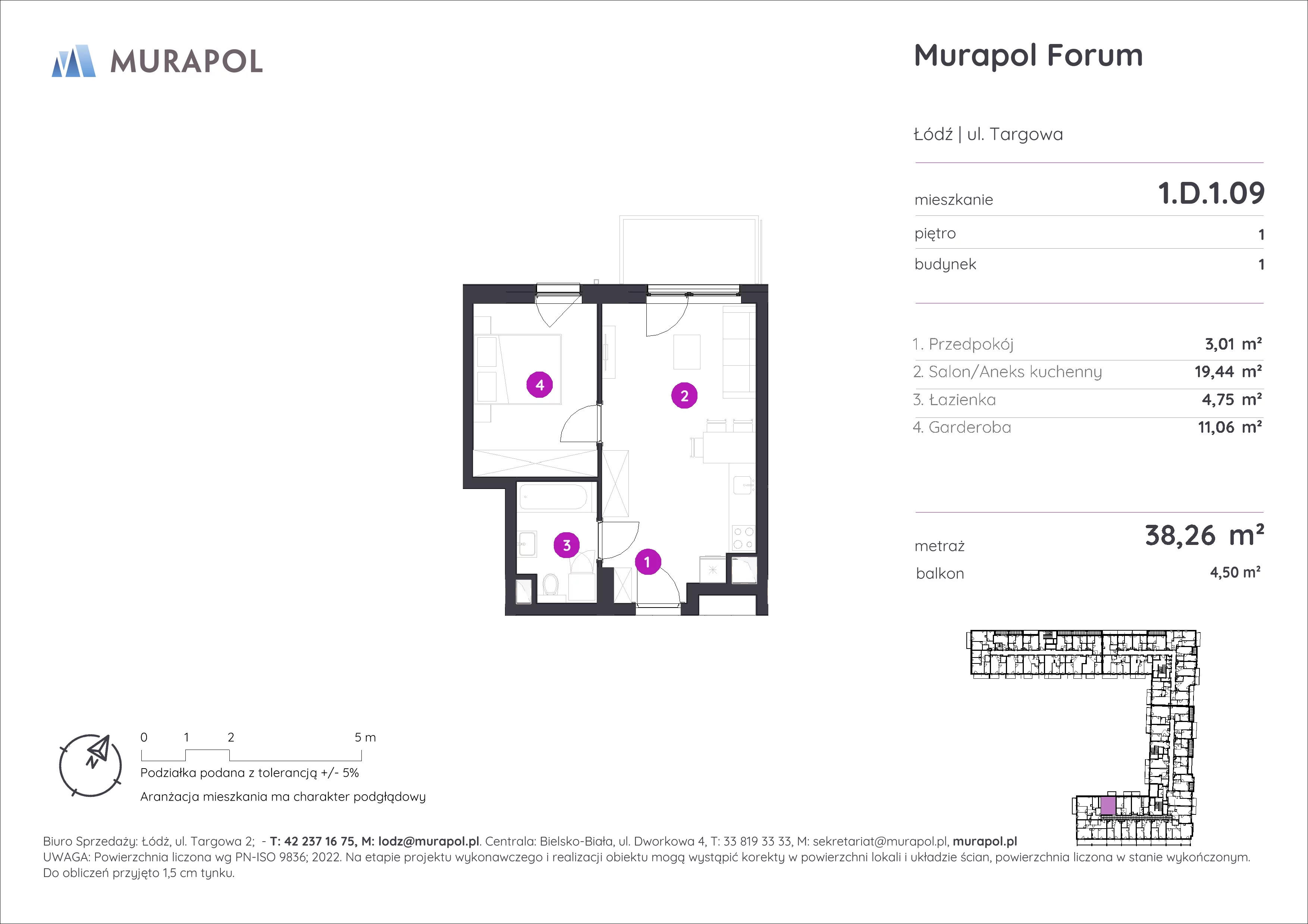 1 pokój, mieszkanie 38,26 m², piętro 1, oferta nr 1.D.1.09, Murapol Forum, Łódź, Śródmieście, ul. Targowa