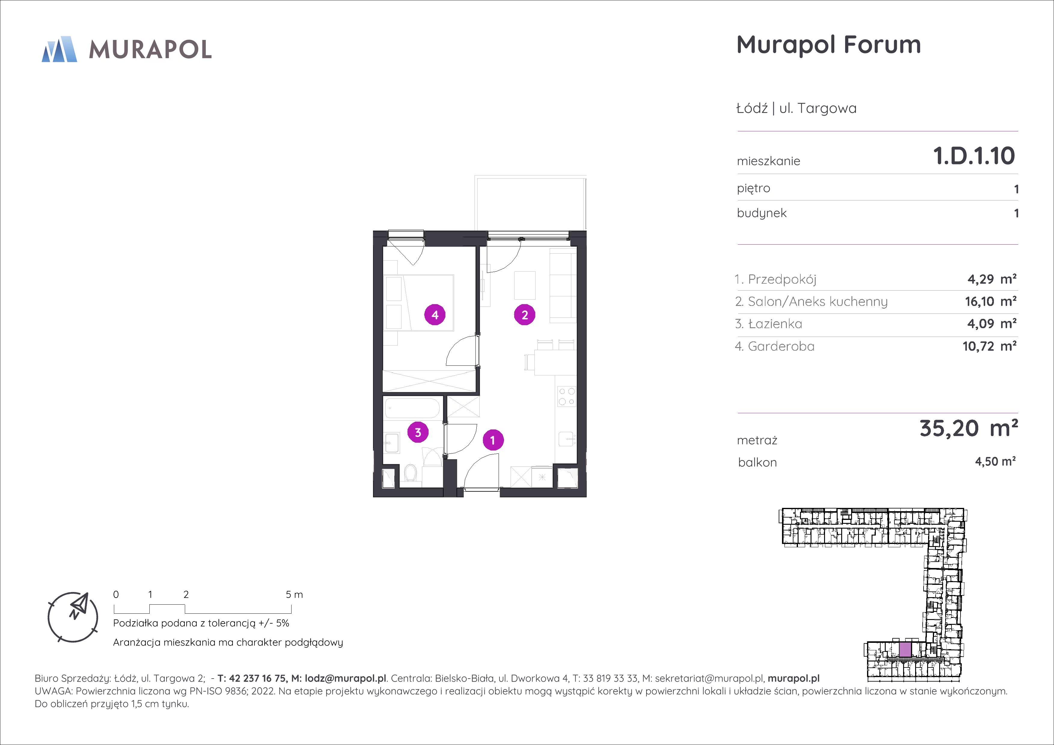 1 pokój, mieszkanie 35,20 m², piętro 1, oferta nr 1.D.1.10, Murapol Forum, Łódź, Śródmieście, ul. Targowa
