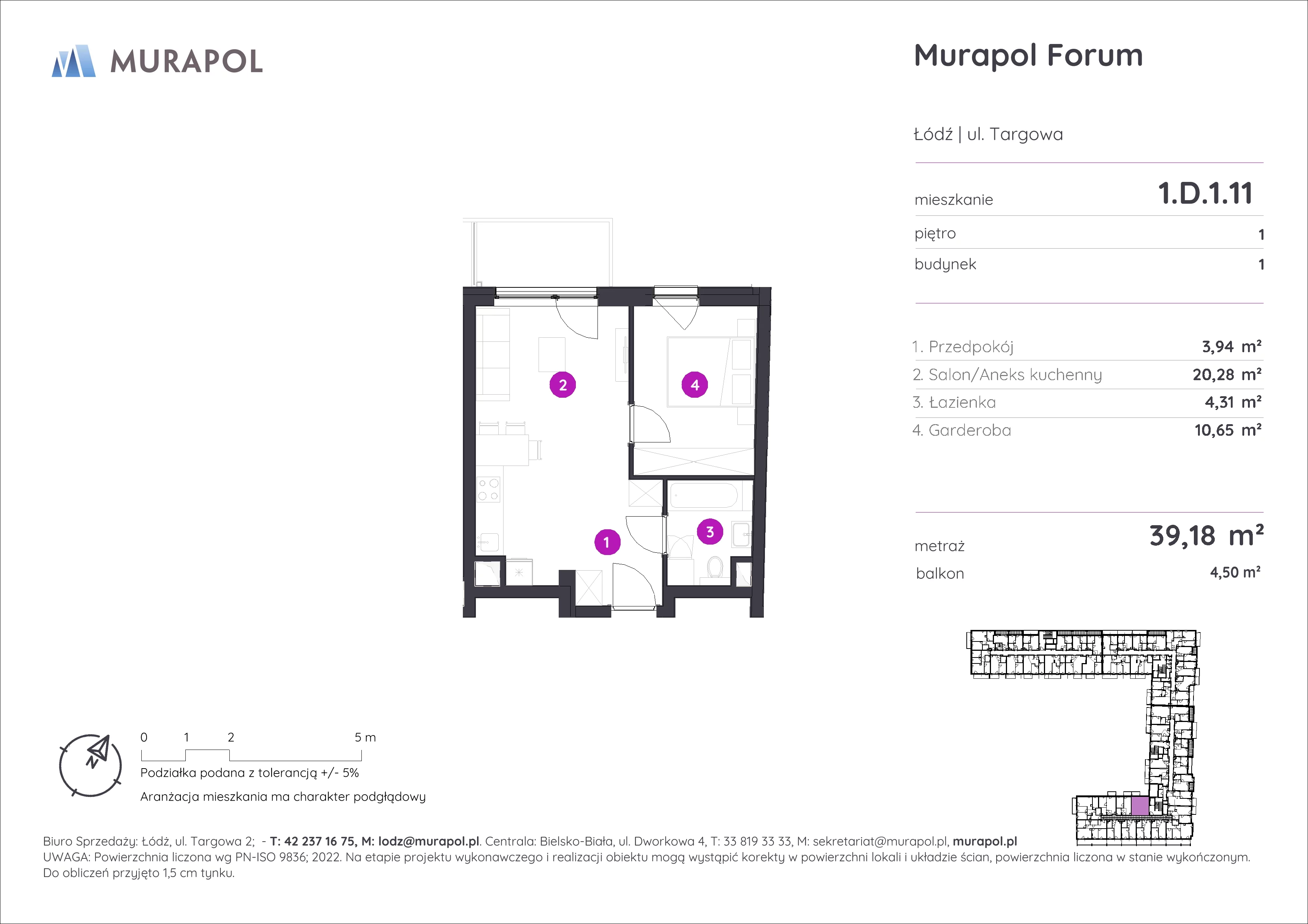 1 pokój, mieszkanie 39,18 m², piętro 1, oferta nr 1.D.1.11, Murapol Forum, Łódź, Śródmieście, ul. Targowa