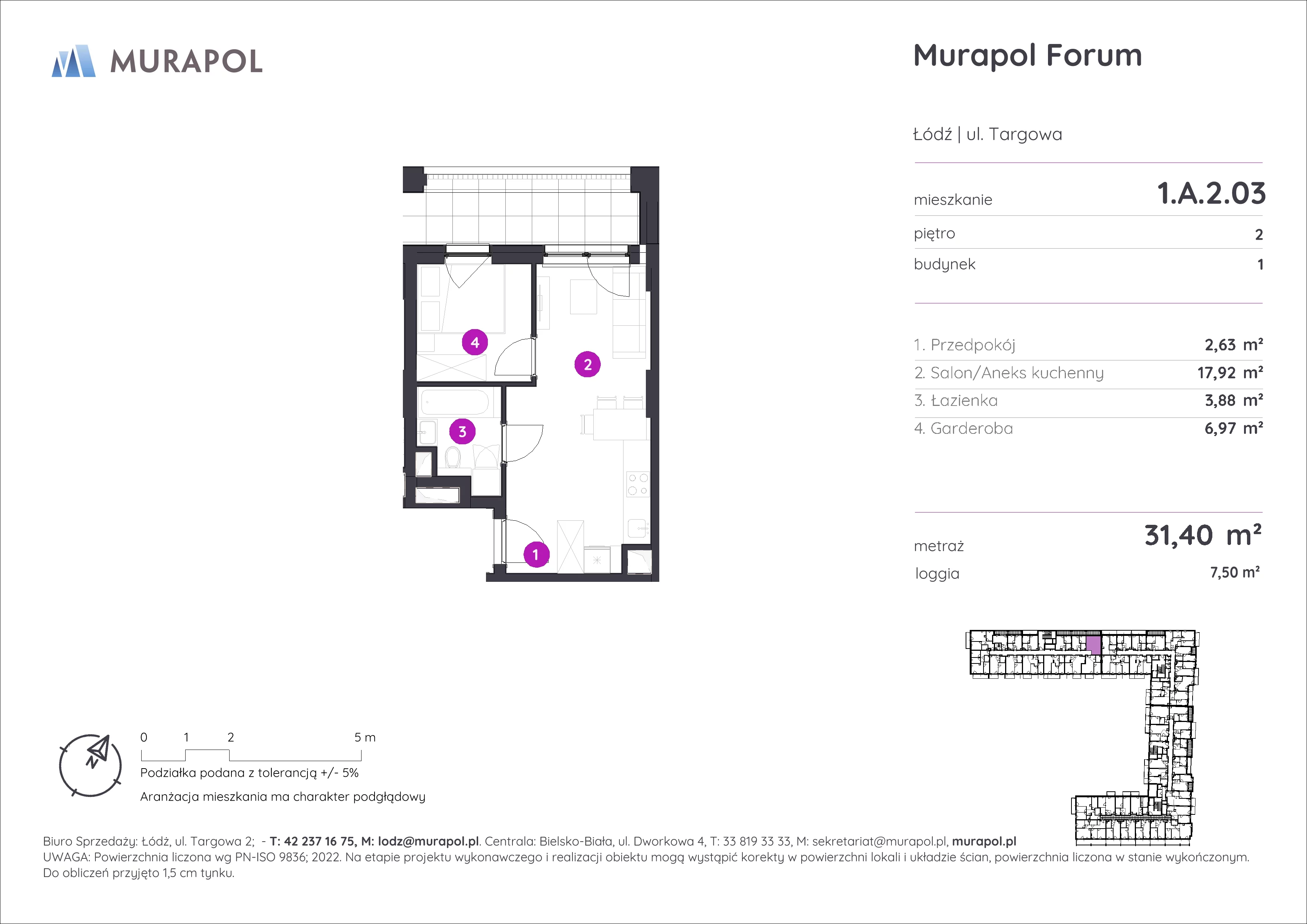 1 pokój, mieszkanie 31,40 m², piętro 2, oferta nr 1.A.2.03, Murapol Forum, Łódź, Śródmieście, ul. Targowa