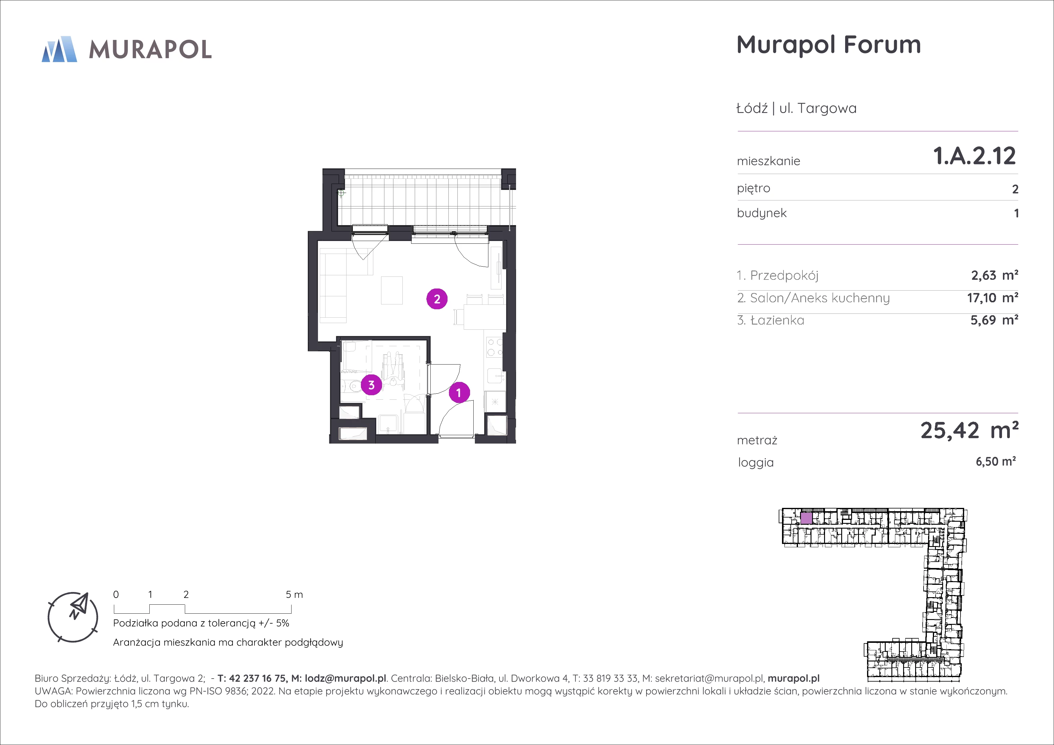 1 pokój, mieszkanie 25,42 m², piętro 2, oferta nr 1.A.2.12, Murapol Forum, Łódź, Śródmieście, ul. Targowa