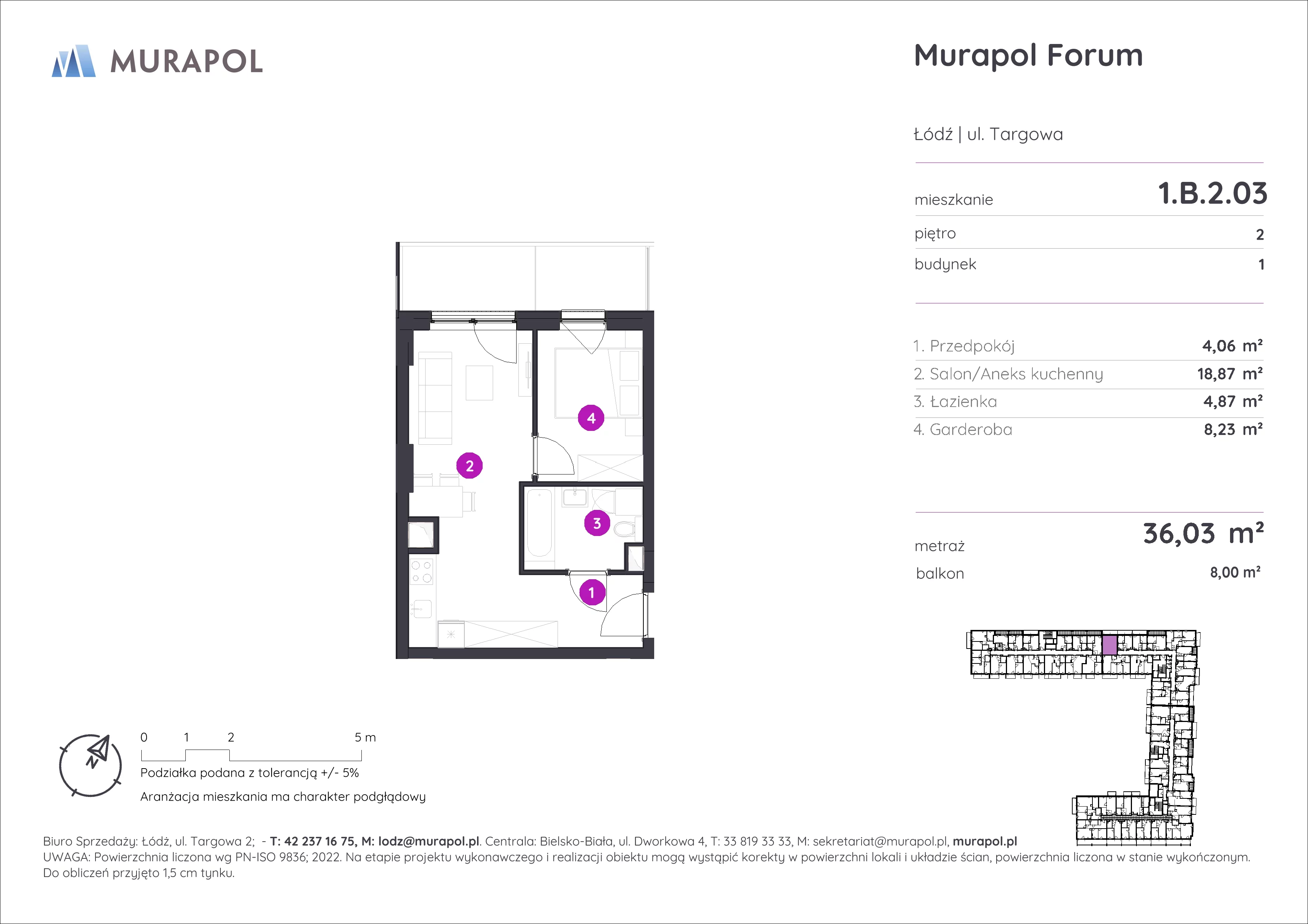 1 pokój, mieszkanie 36,03 m², piętro 2, oferta nr 1.B.2.03, Murapol Forum, Łódź, Śródmieście, ul. Targowa