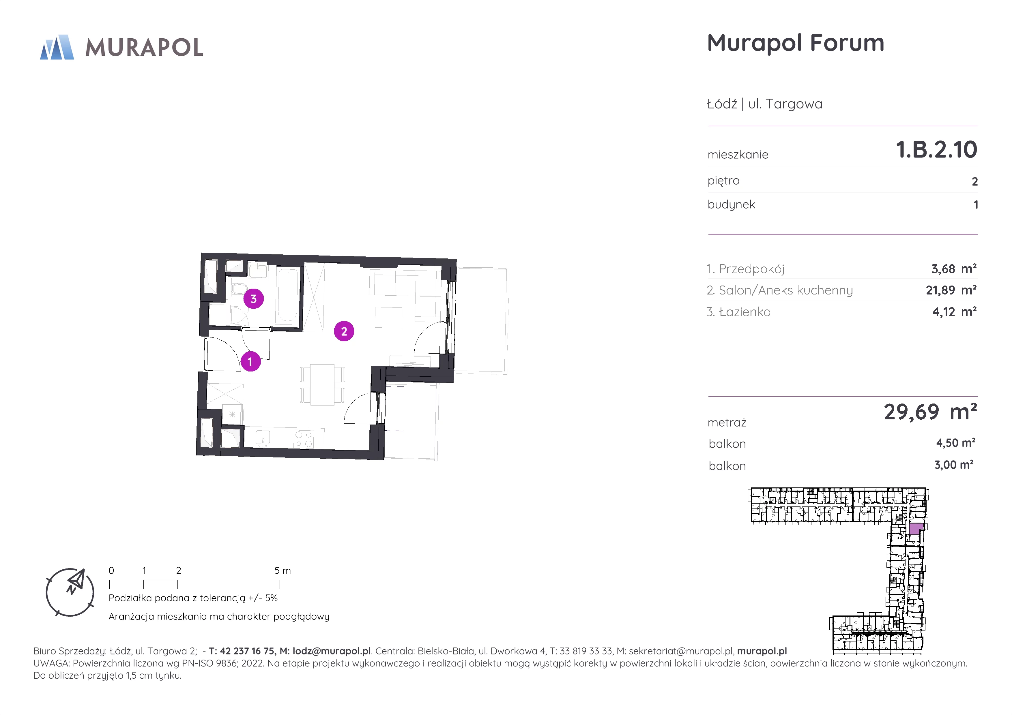 1 pokój, mieszkanie 29,69 m², piętro 2, oferta nr 1.B.2.10, Murapol Forum, Łódź, Śródmieście, ul. Targowa