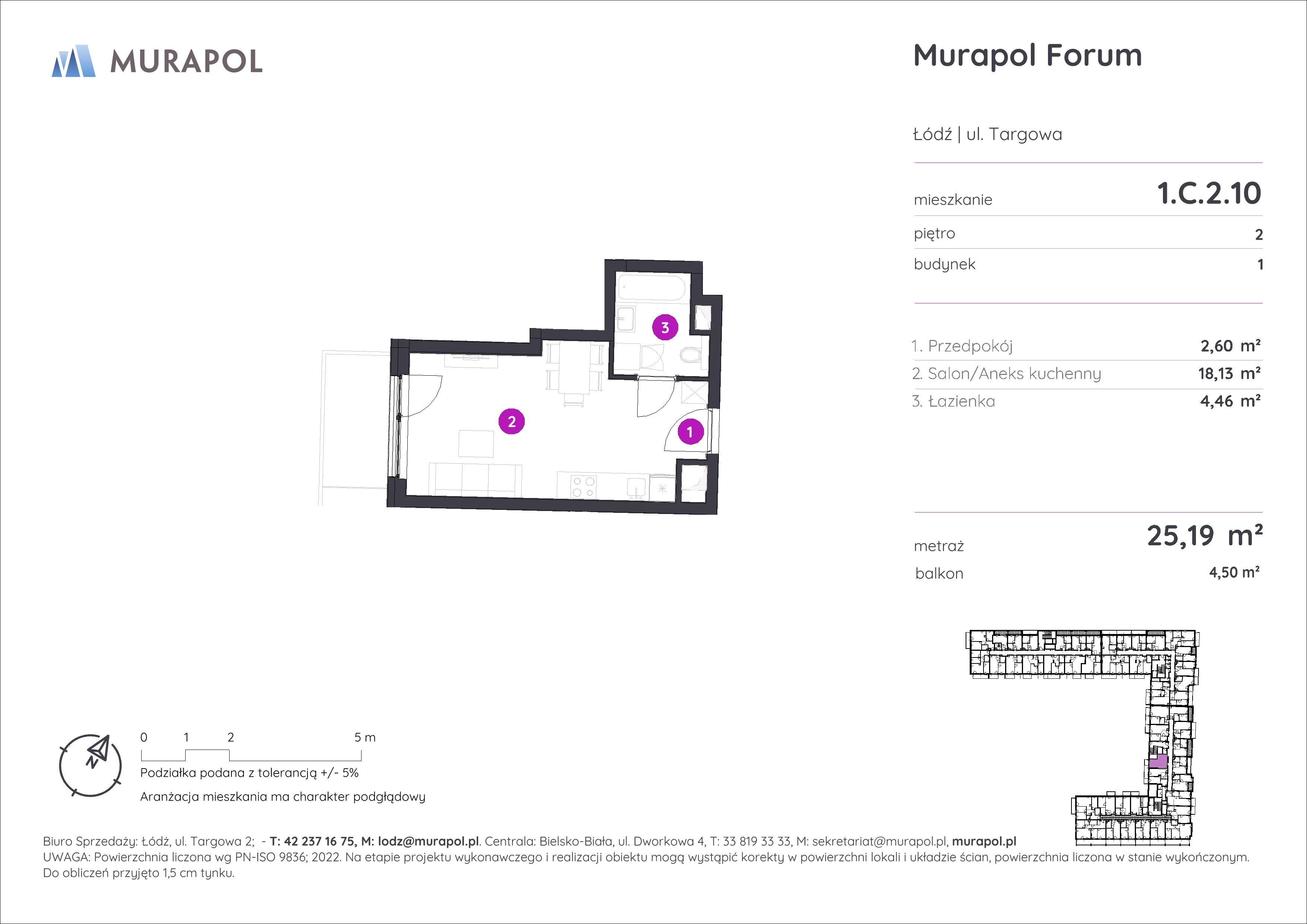 1 pokój, mieszkanie 25,19 m², piętro 2, oferta nr 1.C.2.10, Murapol Forum, Łódź, Śródmieście, ul. Targowa