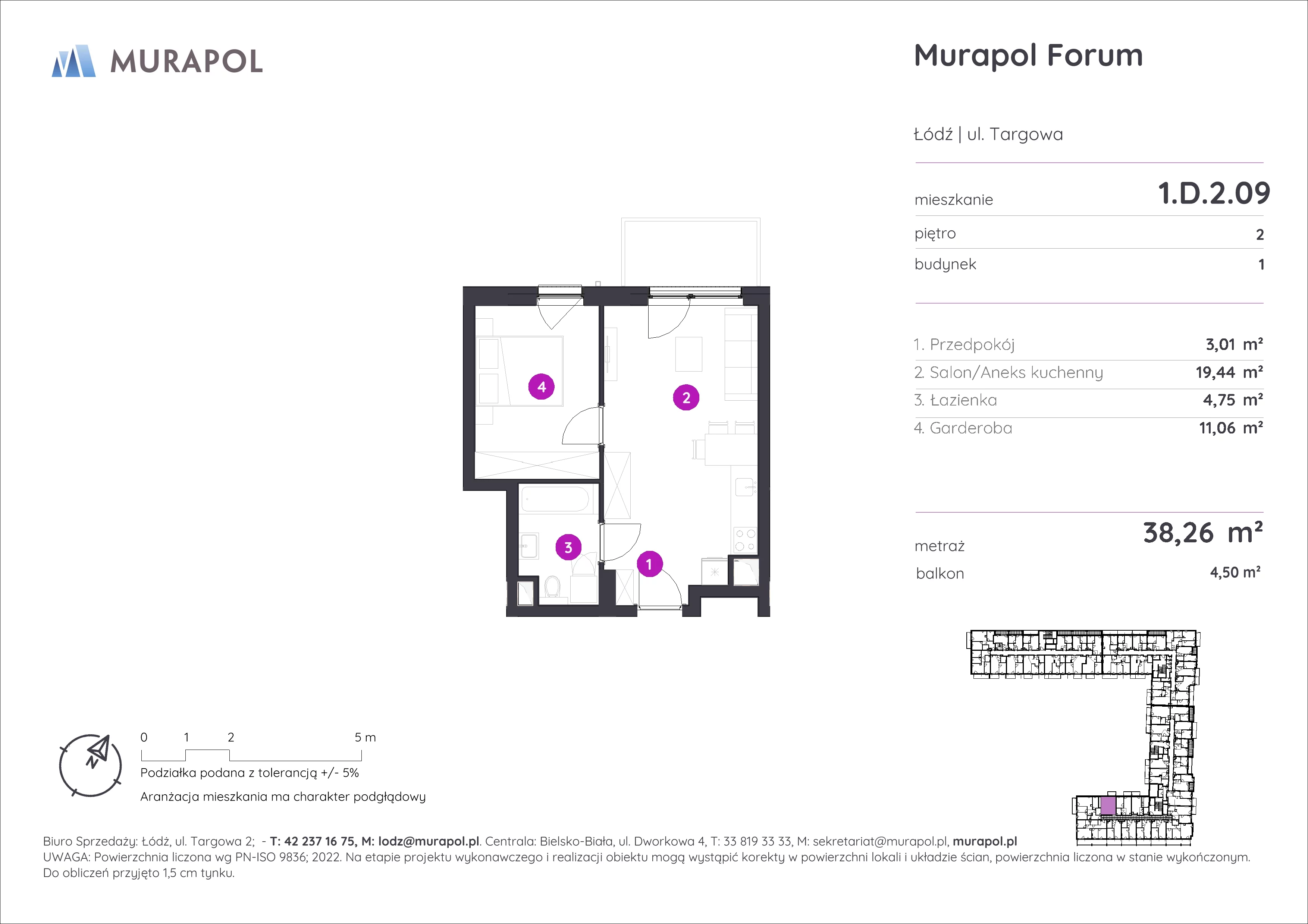1 pokój, mieszkanie 38,26 m², piętro 2, oferta nr 1.D.2.09, Murapol Forum, Łódź, Śródmieście, ul. Targowa