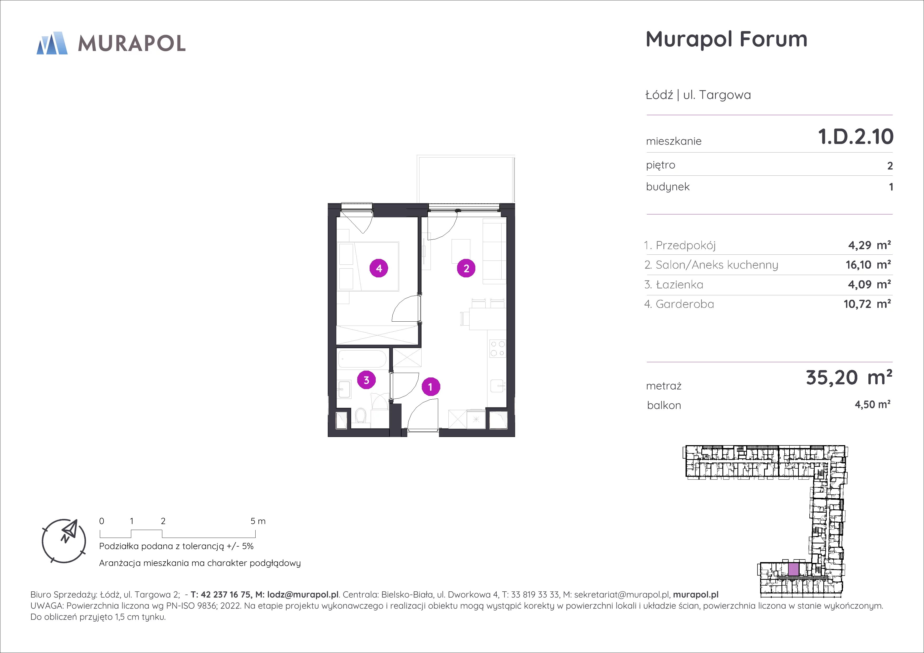 1 pokój, mieszkanie 35,20 m², piętro 2, oferta nr 1.D.2.10, Murapol Forum, Łódź, Śródmieście, ul. Targowa