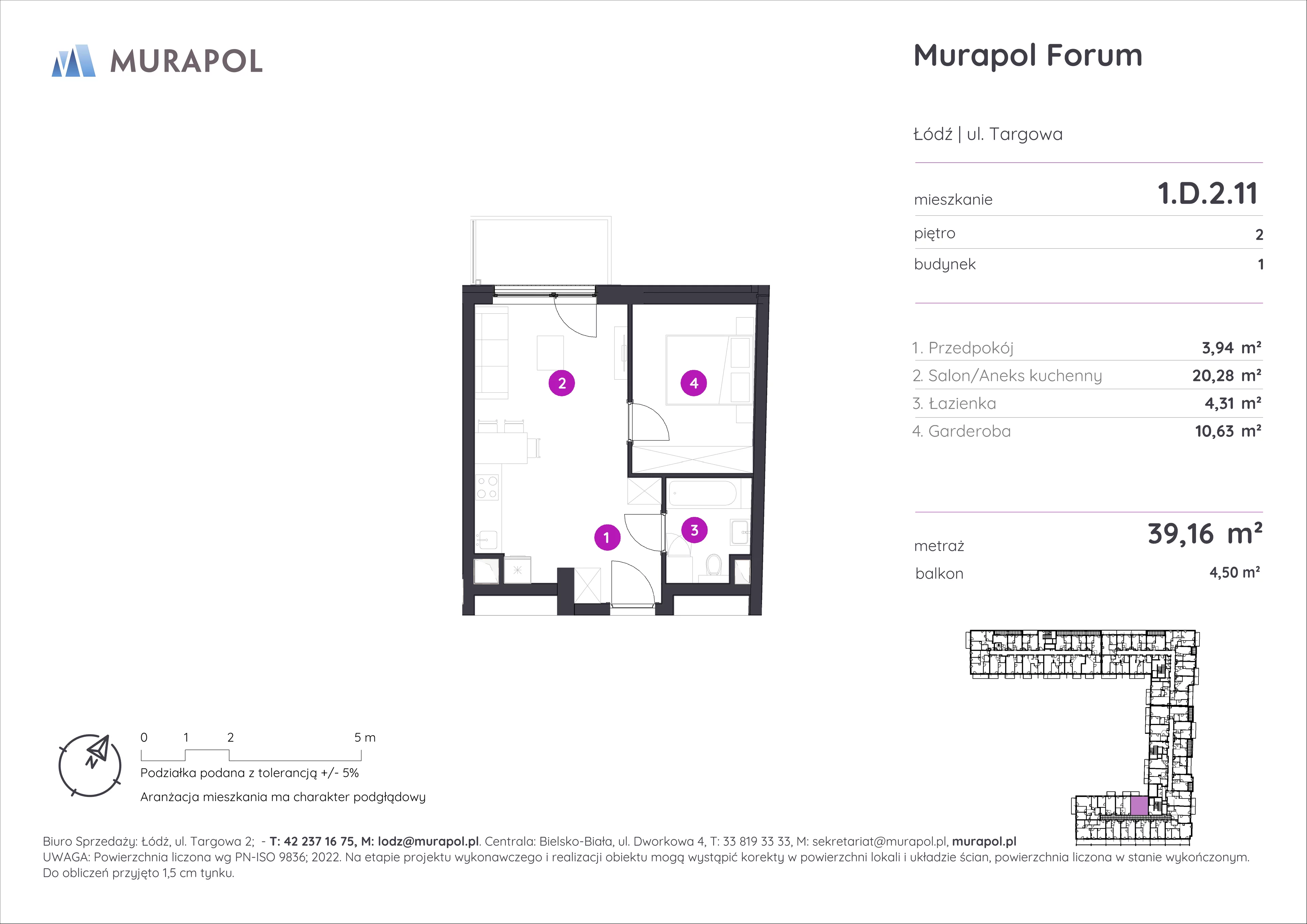 1 pokój, mieszkanie 39,16 m², piętro 2, oferta nr 1.D.2.11, Murapol Forum, Łódź, Śródmieście, ul. Targowa