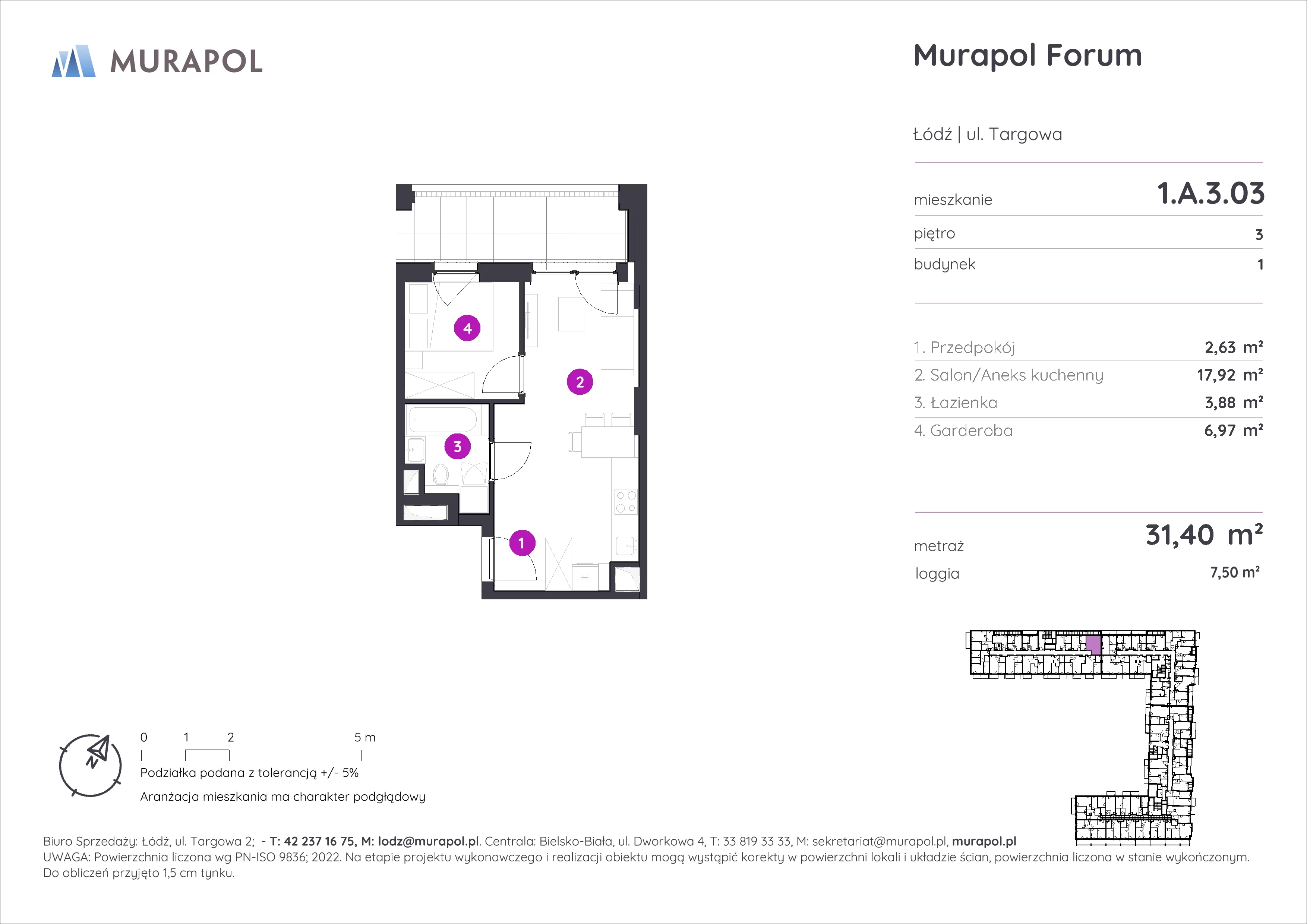 1 pokój, mieszkanie 31,40 m², piętro 3, oferta nr 1.A.3.03, Murapol Forum, Łódź, Śródmieście, ul. Targowa