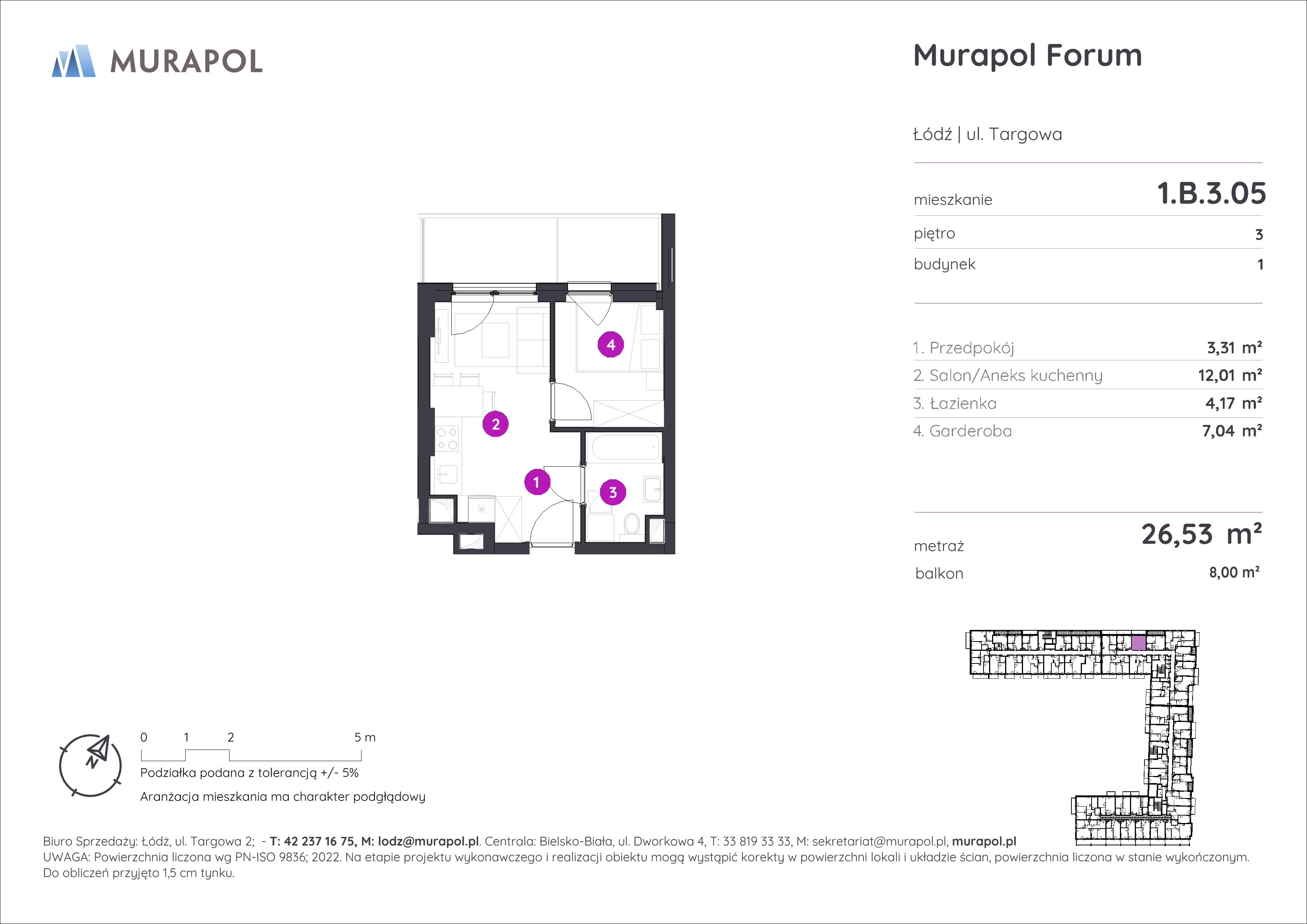 1 pokój, mieszkanie 26,53 m², piętro 3, oferta nr 1.B.3.05, Murapol Forum, Łódź, Śródmieście, ul. Targowa