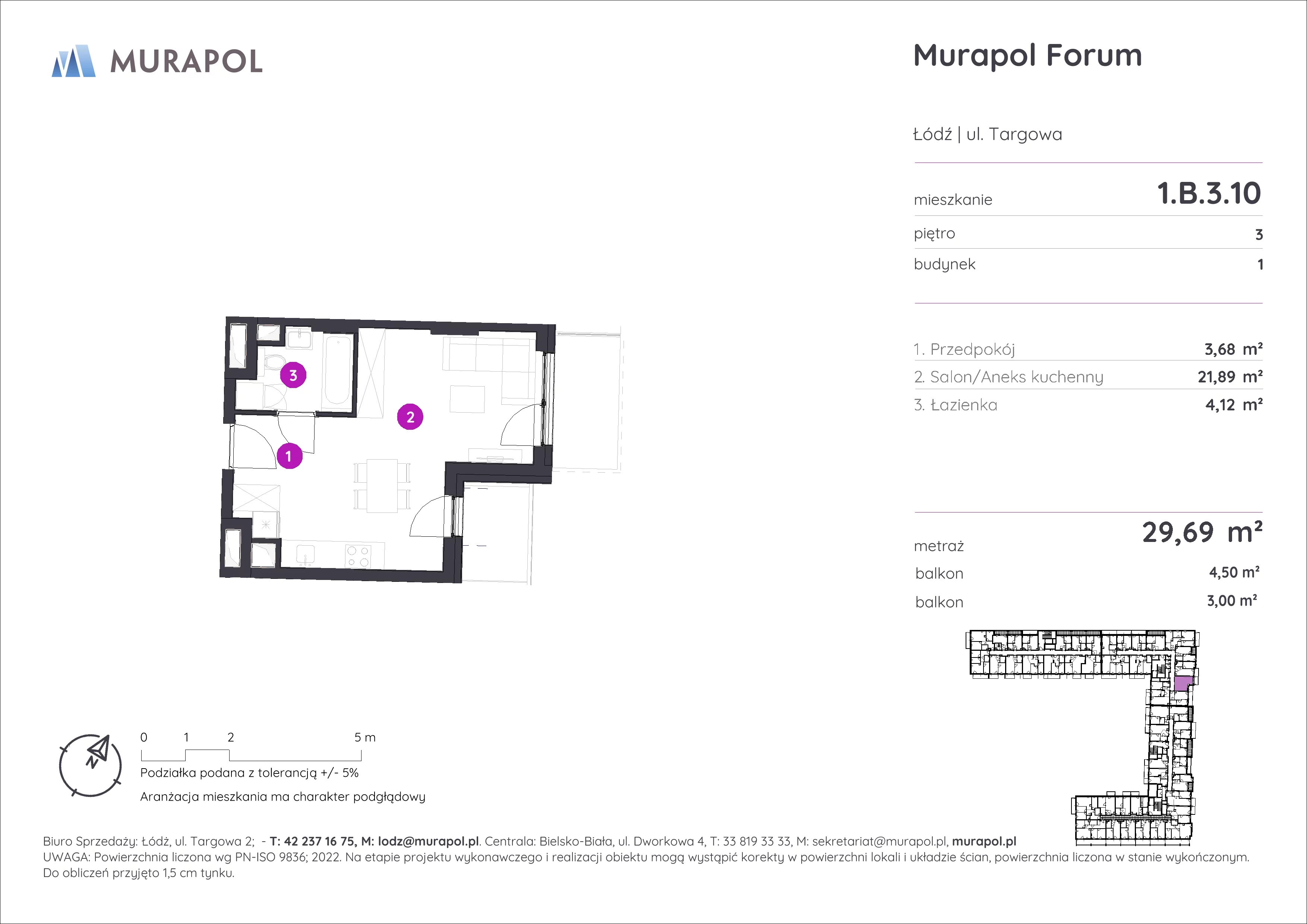 1 pokój, mieszkanie 29,69 m², piętro 3, oferta nr 1.B.3.10, Murapol Forum, Łódź, Śródmieście, ul. Targowa
