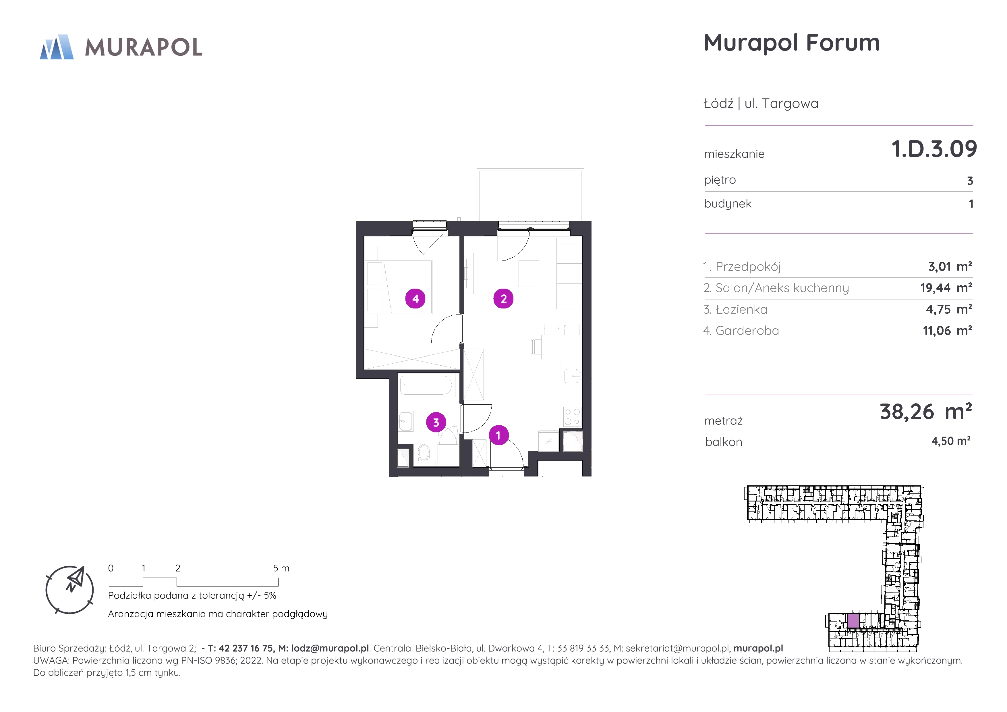 1 pokój, mieszkanie 38,26 m², piętro 3, oferta nr 1.D.3.09, Murapol Forum, Łódź, Śródmieście, ul. Targowa