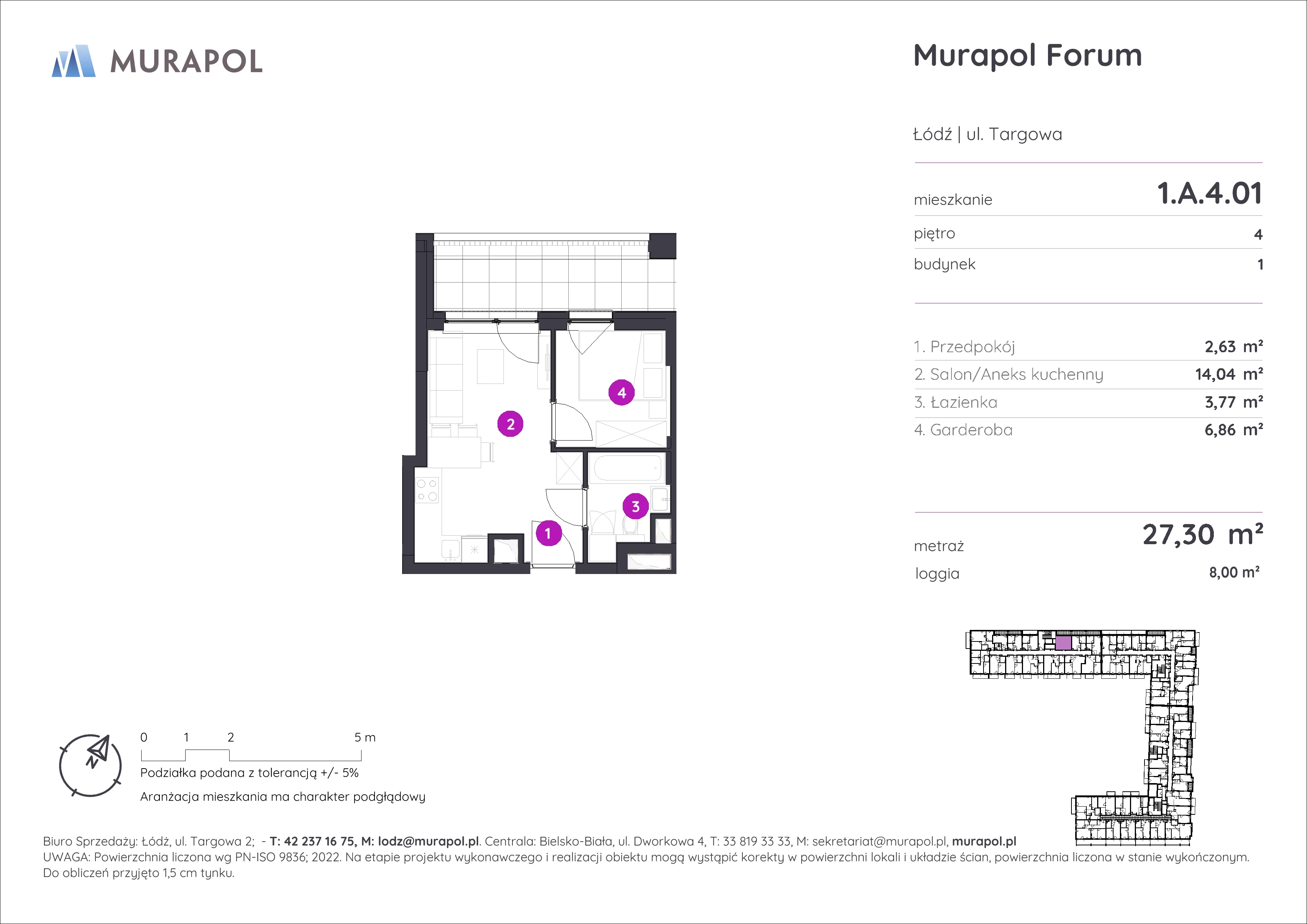 1 pokój, mieszkanie 27,30 m², piętro 4, oferta nr 1.A.4.01, Murapol Forum, Łódź, Śródmieście, ul. Targowa