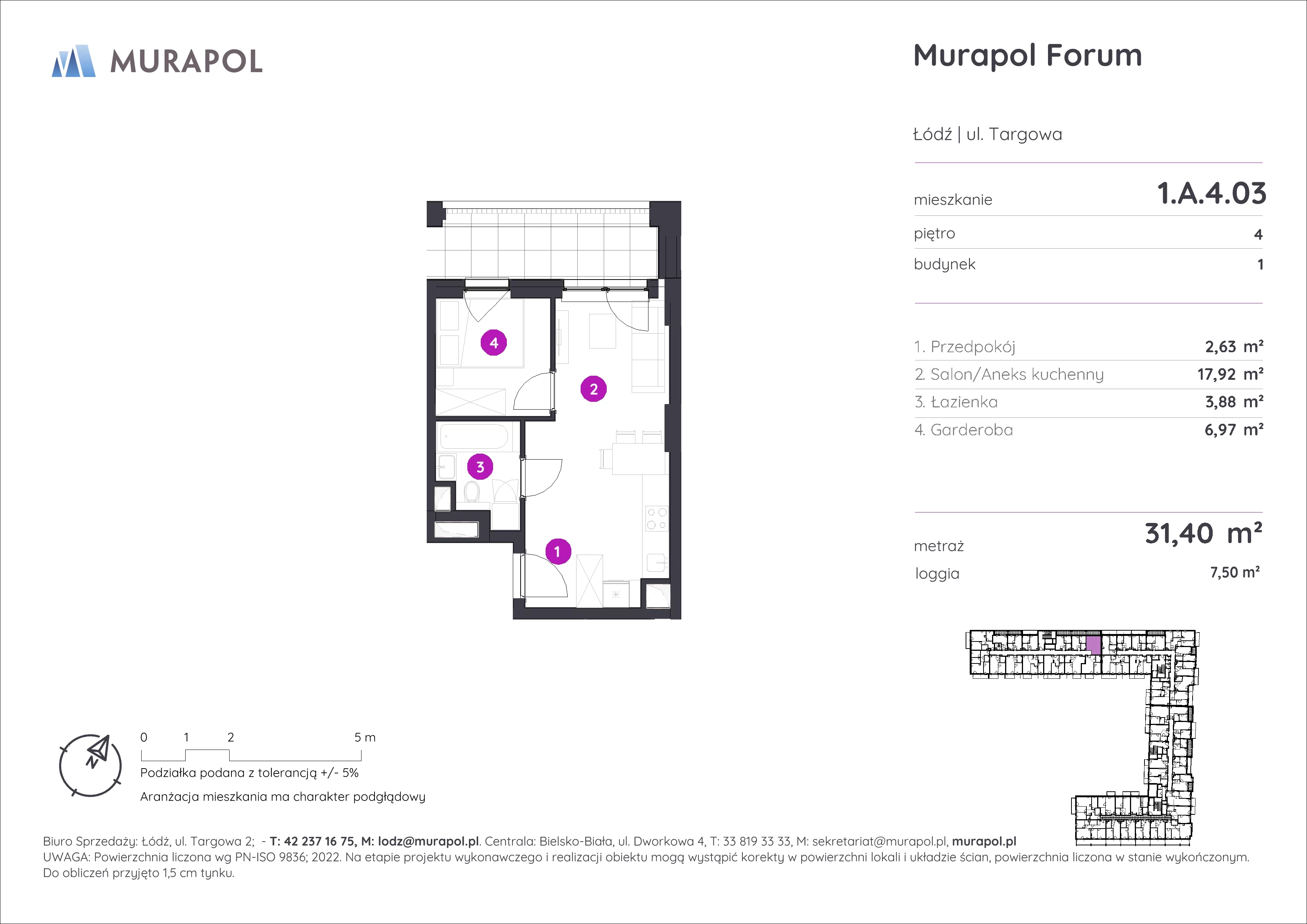 1 pokój, mieszkanie 31,40 m², piętro 4, oferta nr 1.A.4.03, Murapol Forum, Łódź, Śródmieście, ul. Targowa