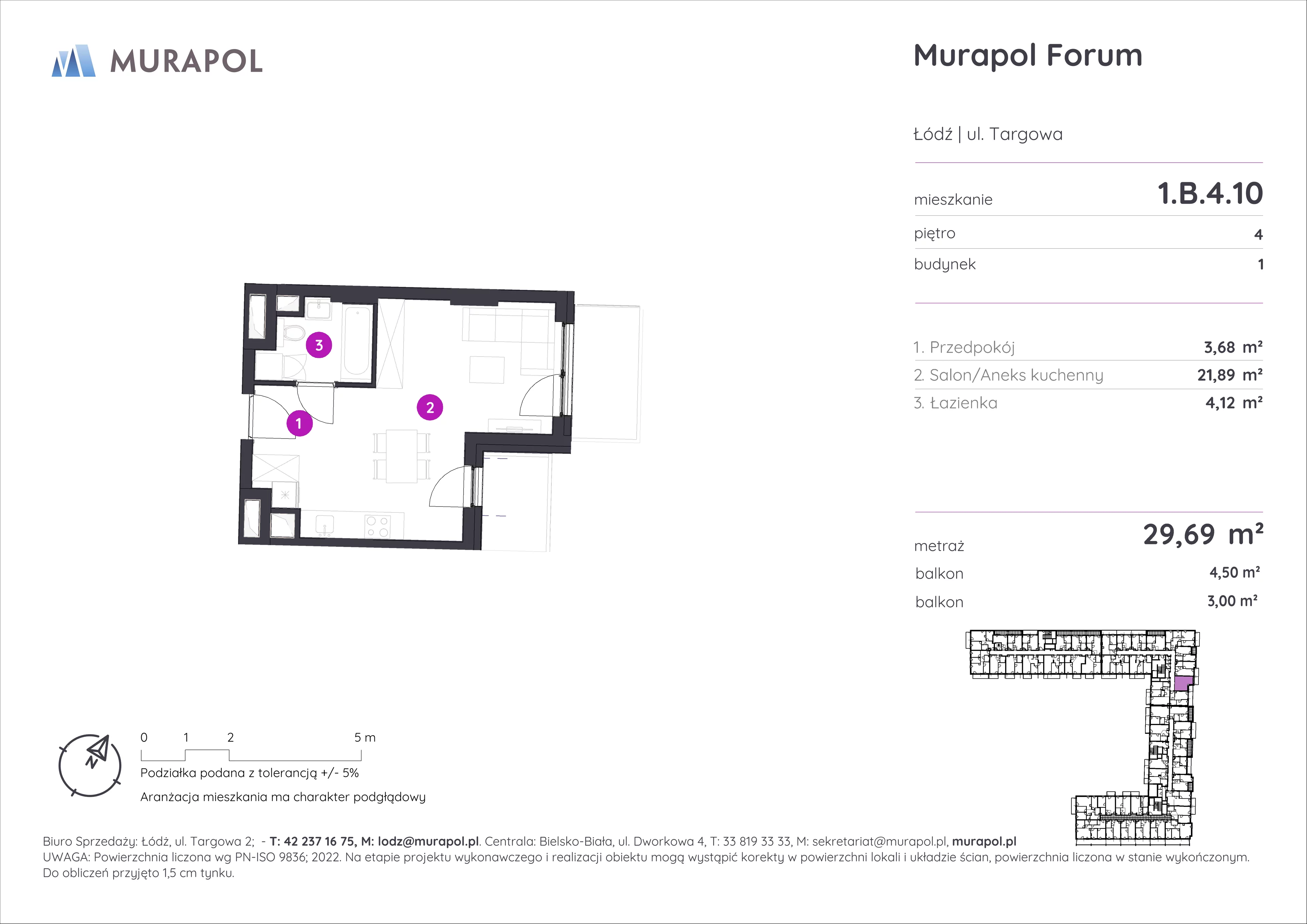 1 pokój, mieszkanie 29,69 m², piętro 4, oferta nr 1.B.4.10, Murapol Forum, Łódź, Śródmieście, ul. Targowa