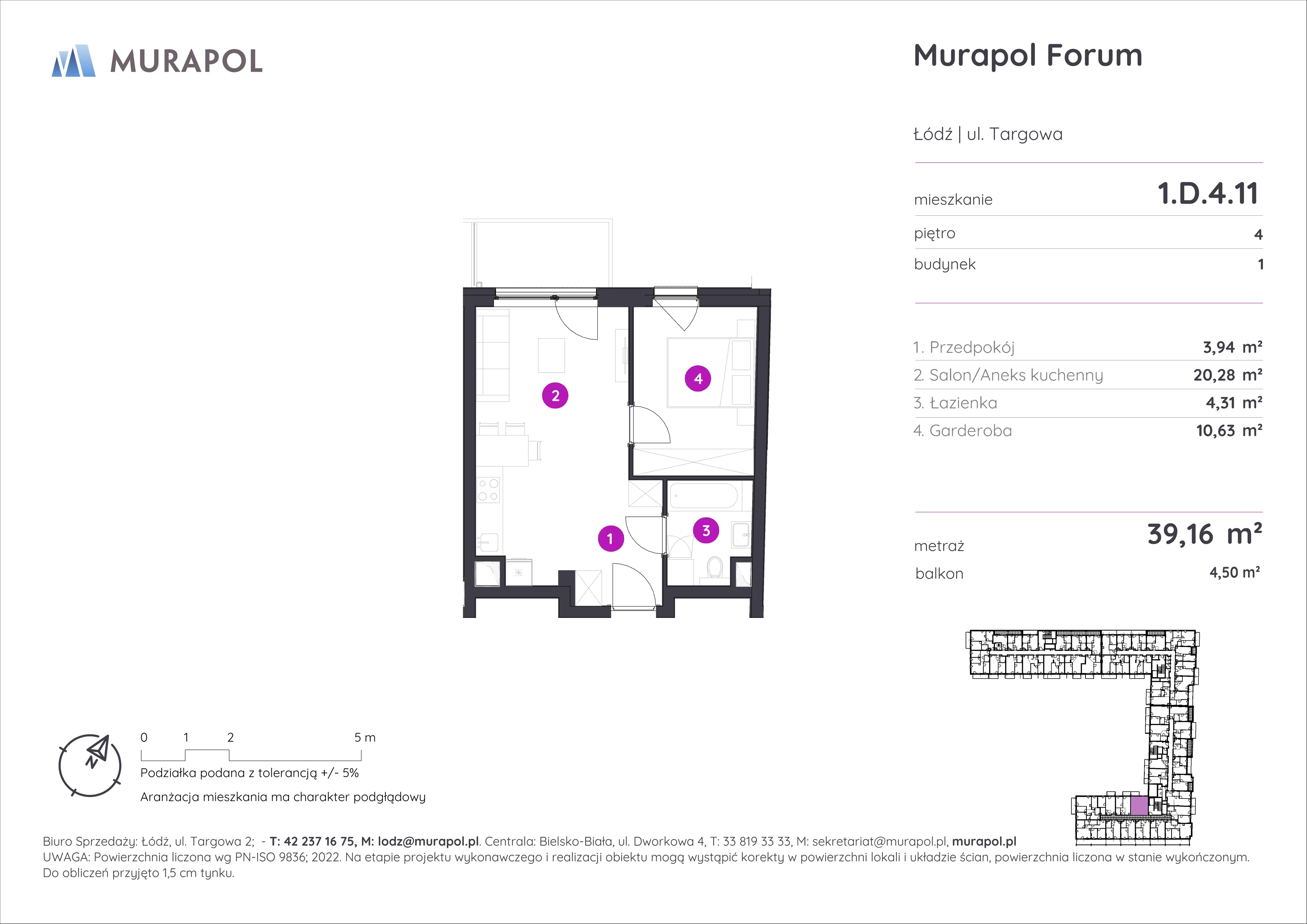 1 pokój, mieszkanie 39,16 m², piętro 4, oferta nr 1.D.4.11, Murapol Forum, Łódź, Śródmieście, ul. Targowa