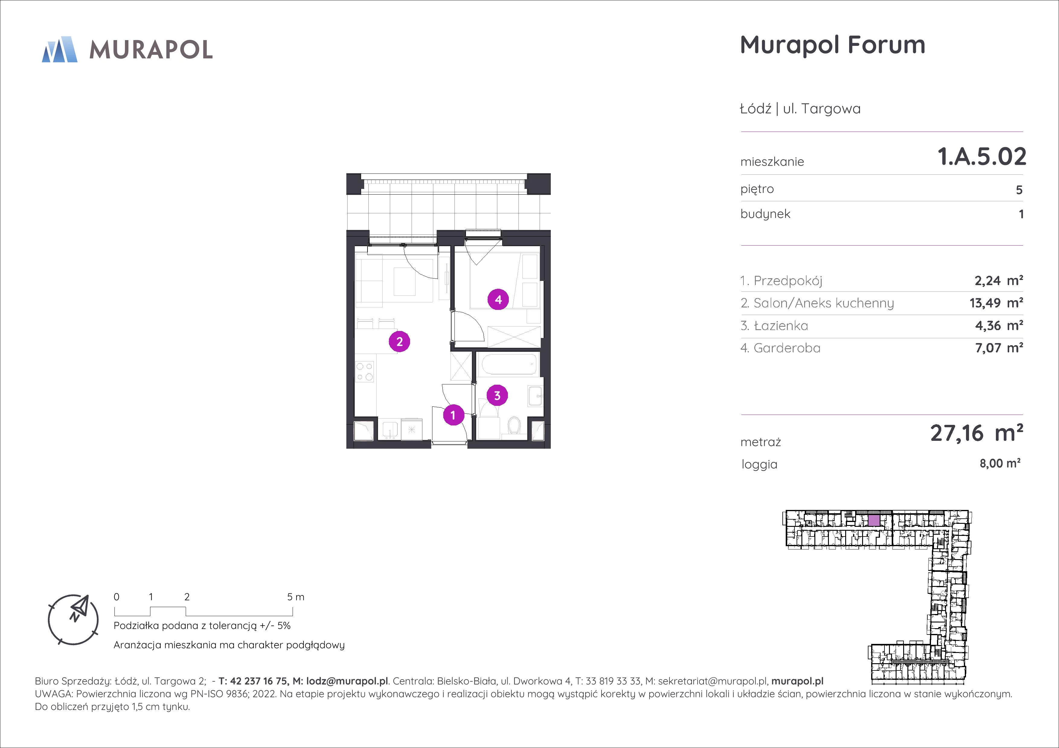 1 pokój, mieszkanie 27,16 m², piętro 5, oferta nr 1.A.5.02, Murapol Forum, Łódź, Śródmieście, ul. Targowa